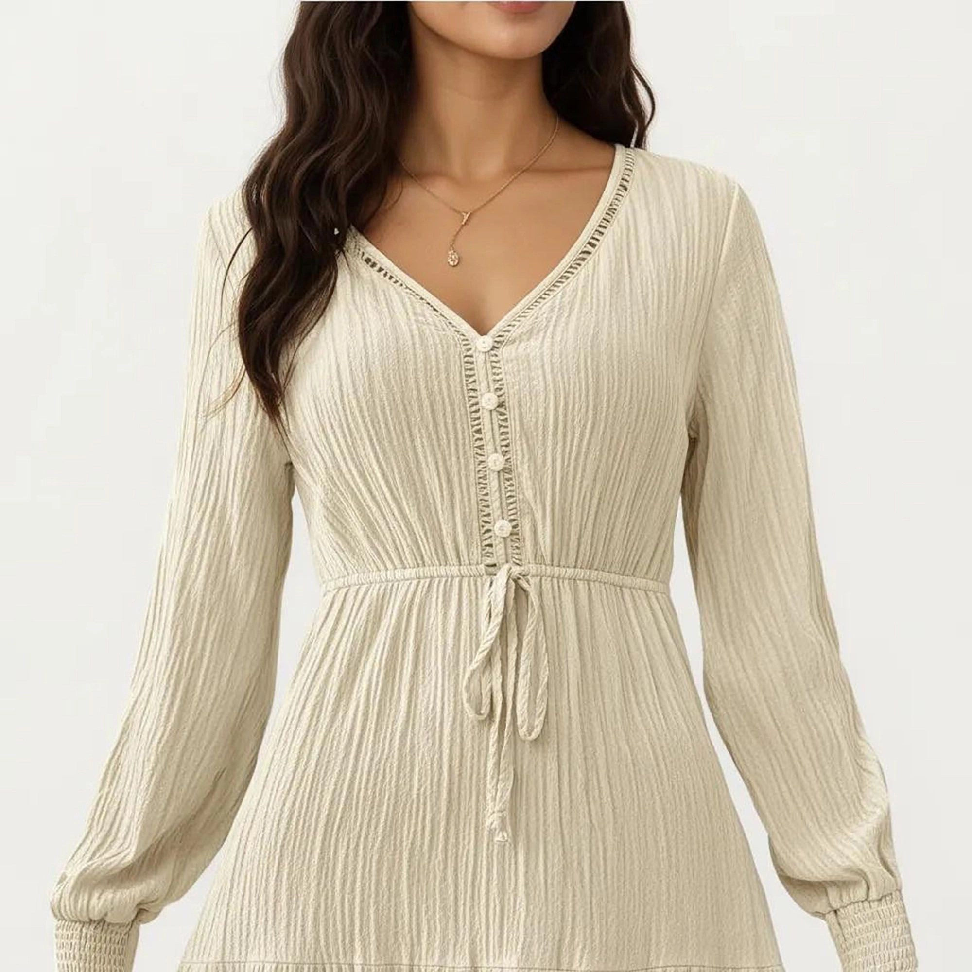 Anna-Kaci Women's Pleated V Neck Long Sleeve Waist Tie Dress