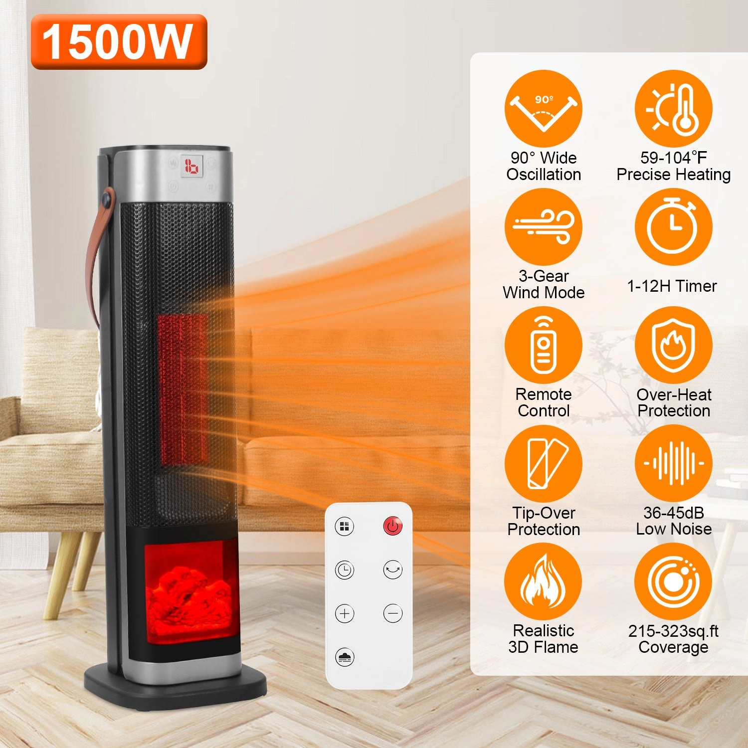 GBruno 1500W Oscillating Ceramic Tower Space Heater