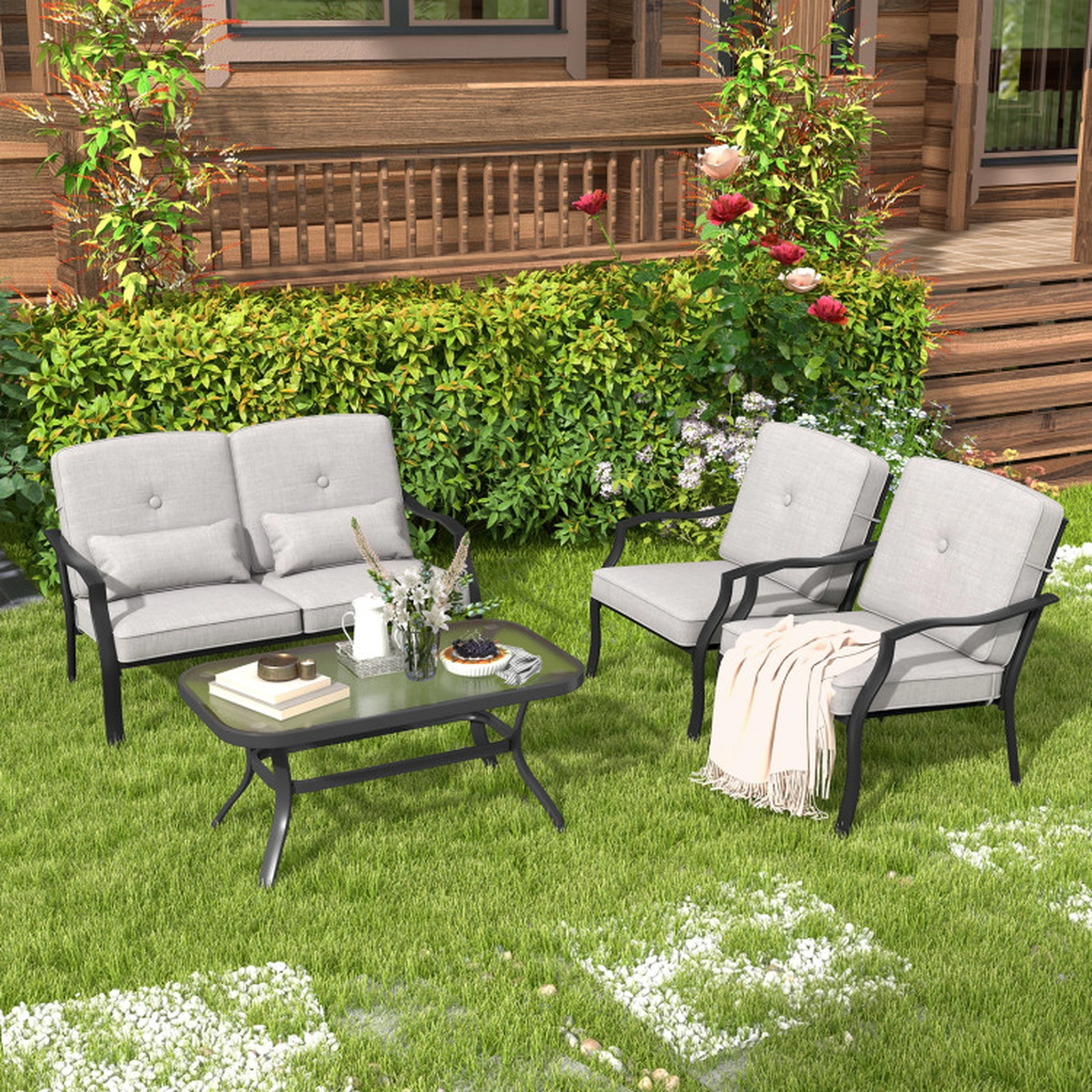 SUGIFT Patio Metal Chairs with Seat and Back Cushions 330-lb Capacity Black Frame Gray Cushion