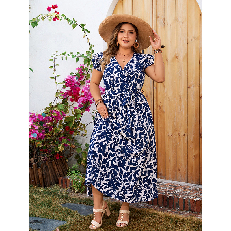 KOJOOIN Women's Plus Floral Maxi Dress Wrap V Neck A Line Flowy Boho Beach Vacation Long Dresses