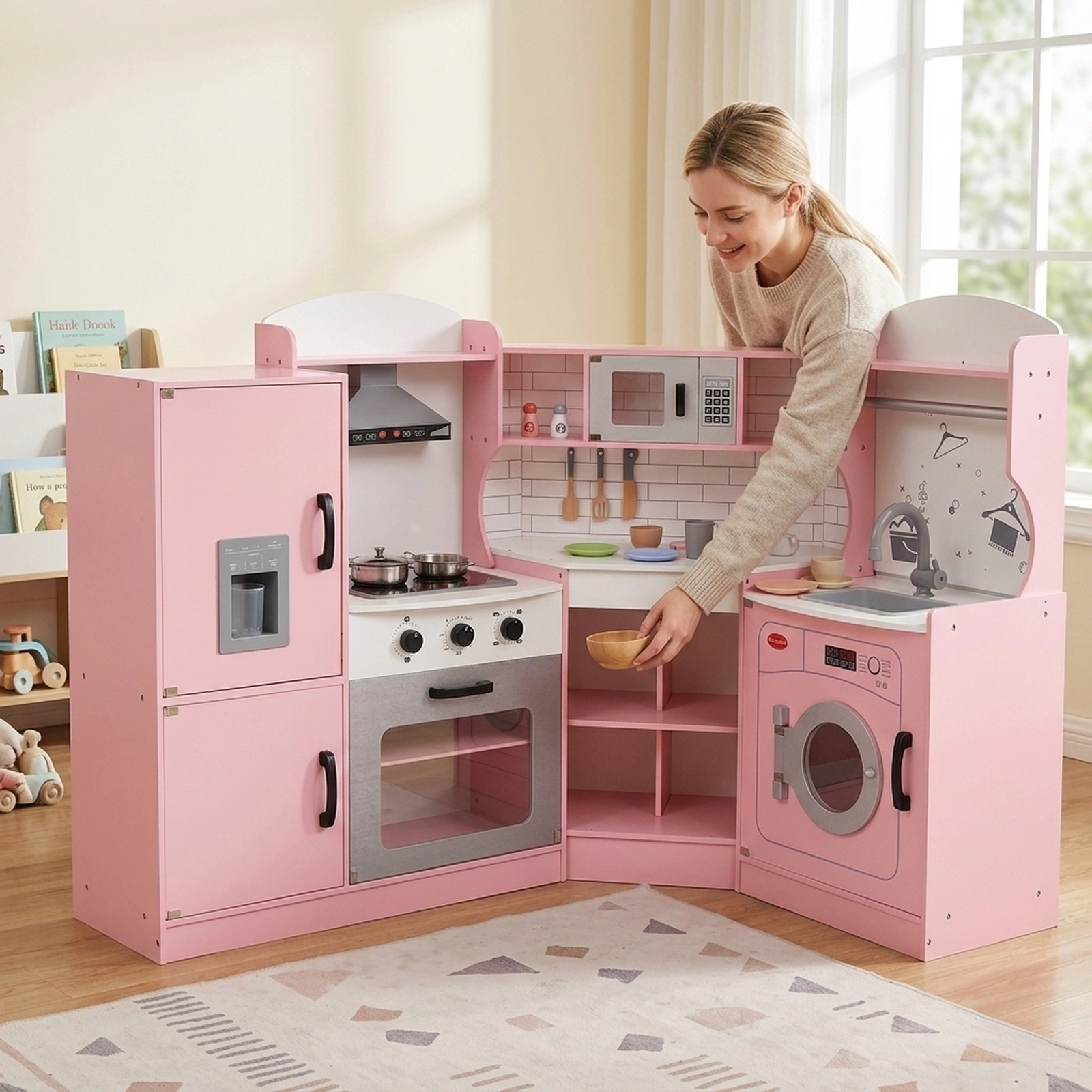 Corner Kids Play Kitchen with Washing Machine Ice Maker Towel Rack and Dual Counter Heights for Ages 3-10 Pink