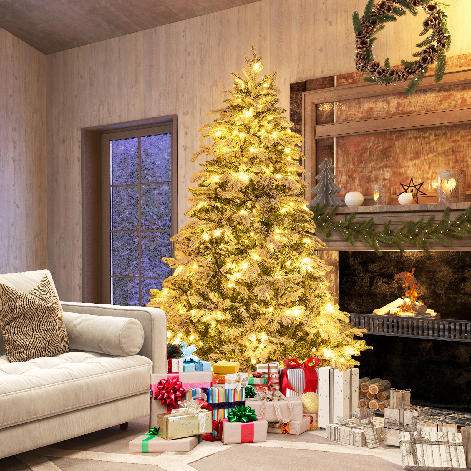 SUGIFT Flocked Artificial Christmas Tree with Warm White LED Lights 6-Ft Height Hinged Branches White & Green