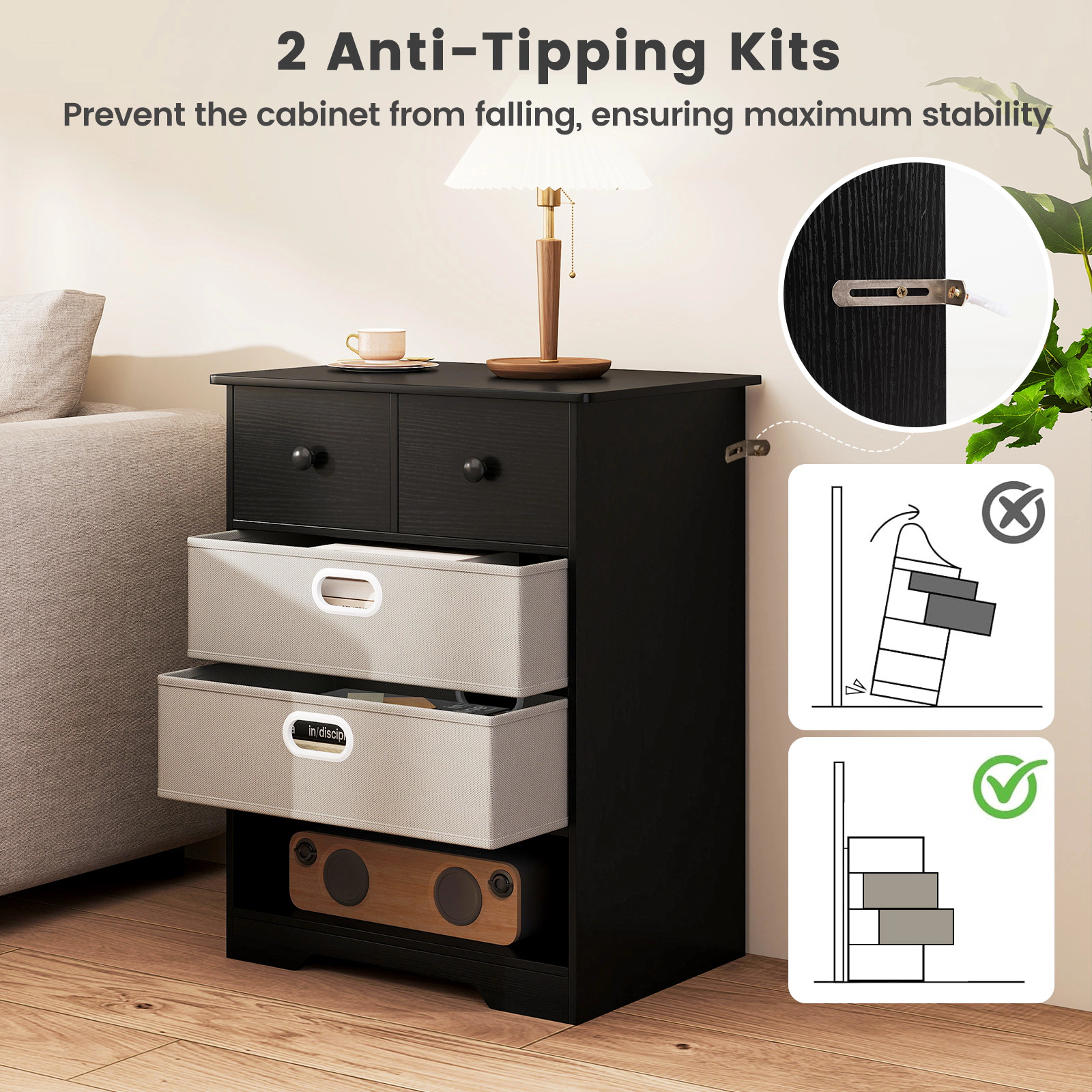 Glintex 4-Drawer Dresser with Open Shelf and Removable Fabric Drawers