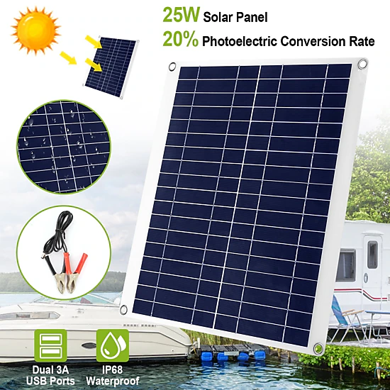GBruno 25W 12V Outdoor Solar Panel Battery Charger with Dual USB Ports ...
