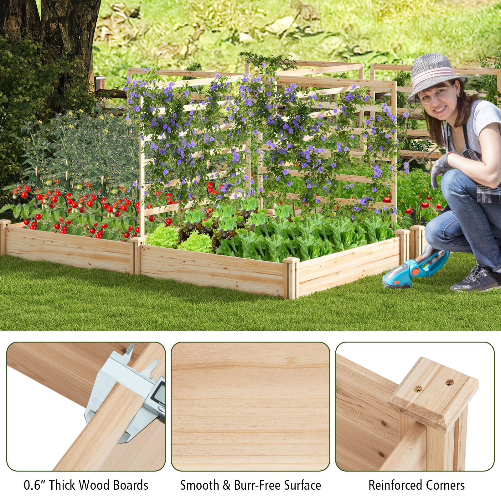 SlickBlue Wooden Garden Planter Box with Trellis for Vining Plants