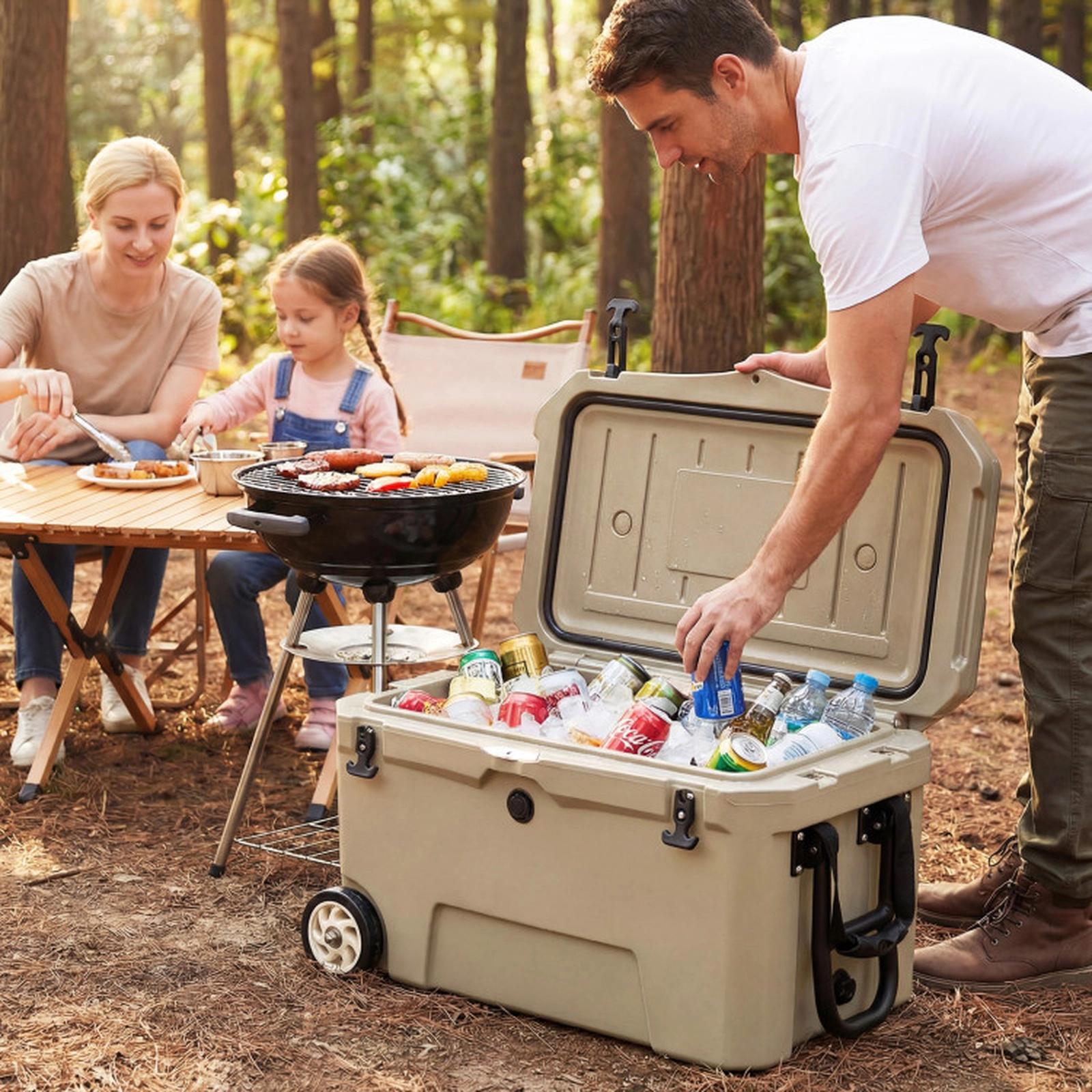 SUGIFT 52-qt Khaki Portable Hard Cooler Ice Chest with Wheels 6-Day Ice Retention and Built-In Ruler
