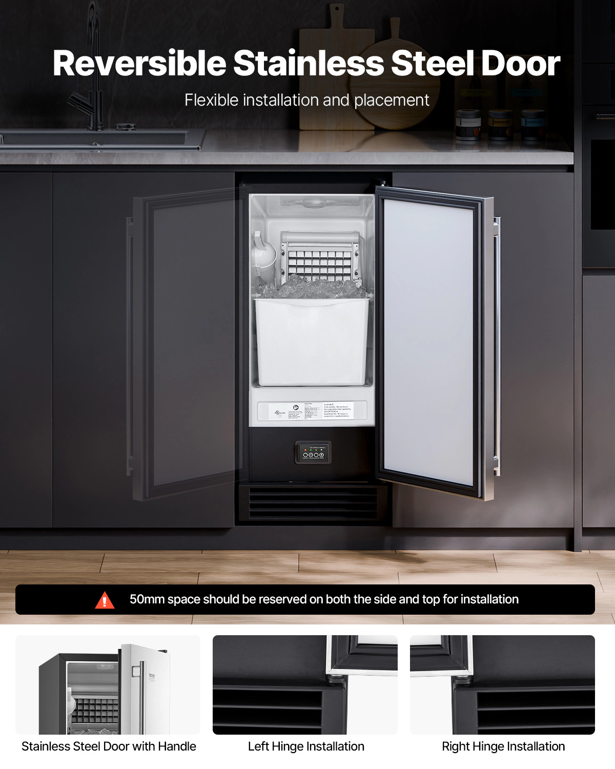 HONGGE Undercounter Built-in Ice Maker, Under Counter Ice Maker Machine with Reversible Door Stainless Steel