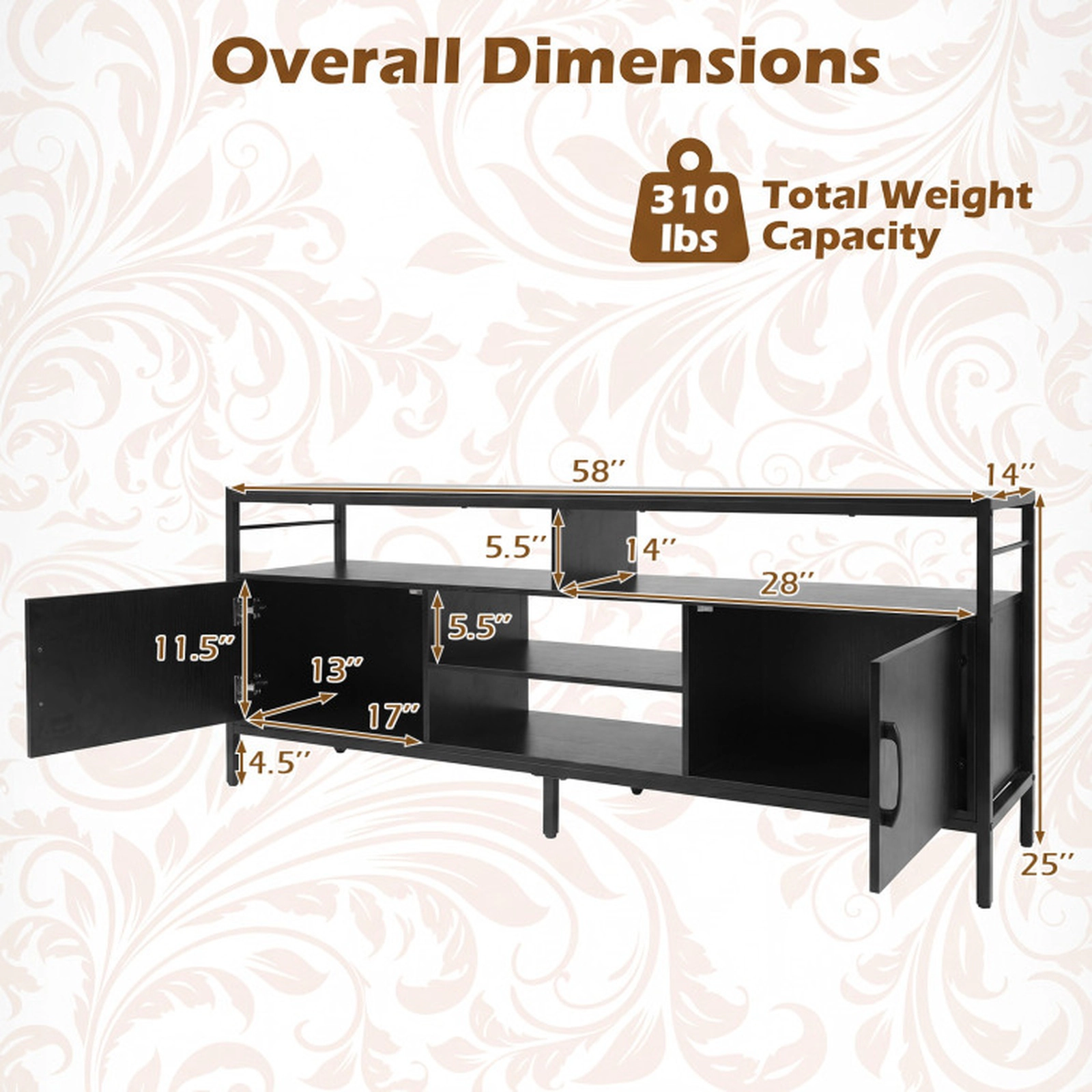SUGIFT 58-in Industrial TV Stand with Cabinets and Adjustable Shelf 310-lb Capacity for TVs up to 65 in Black