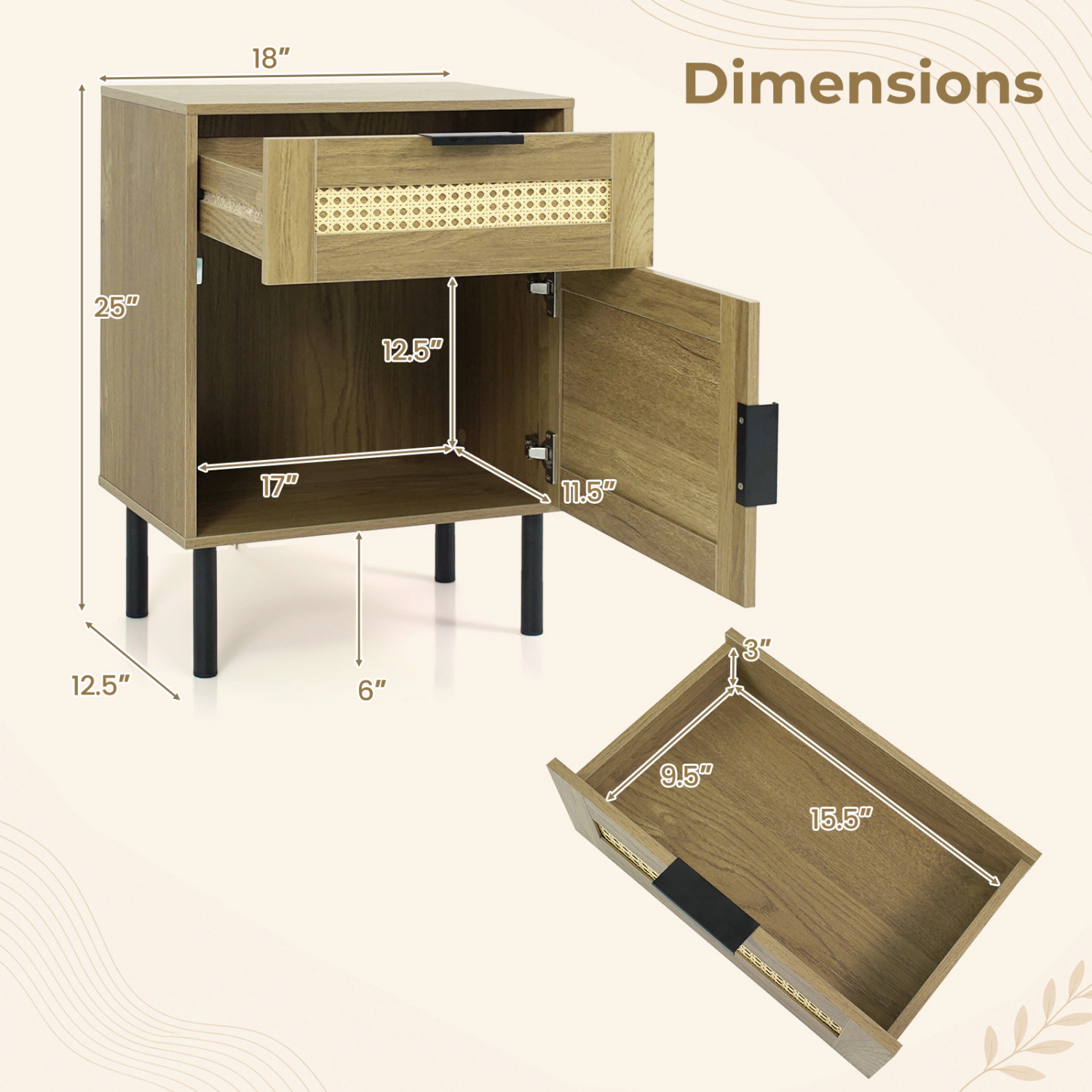 LJG Set of 2 Rattan Nightstand with Drawer and Storage Cabinet for Bedroom Dorm