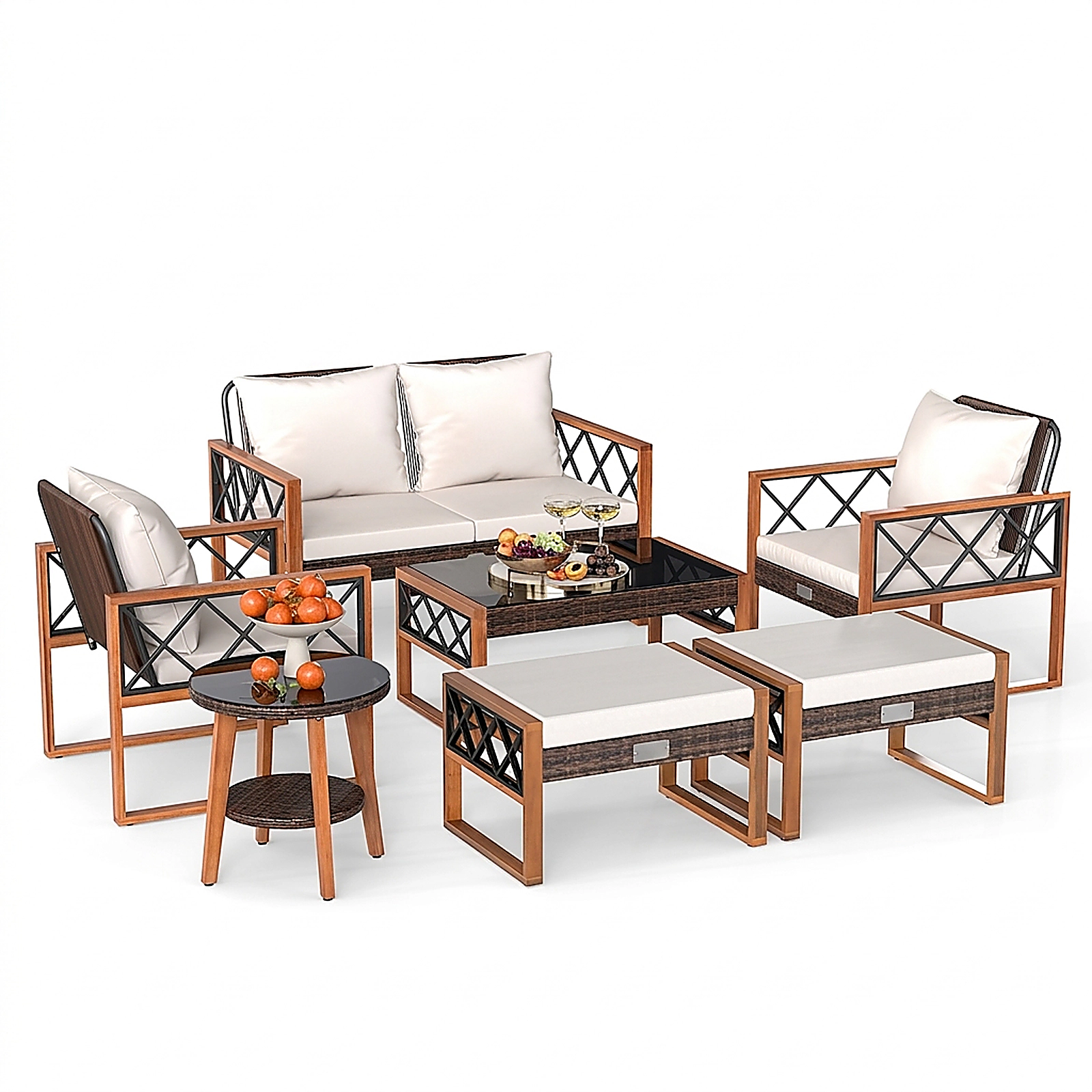 SUGIFT Acacia Wood and 2 Ottomans 7-Piece Off White PE Wicker Patio Conversation Set