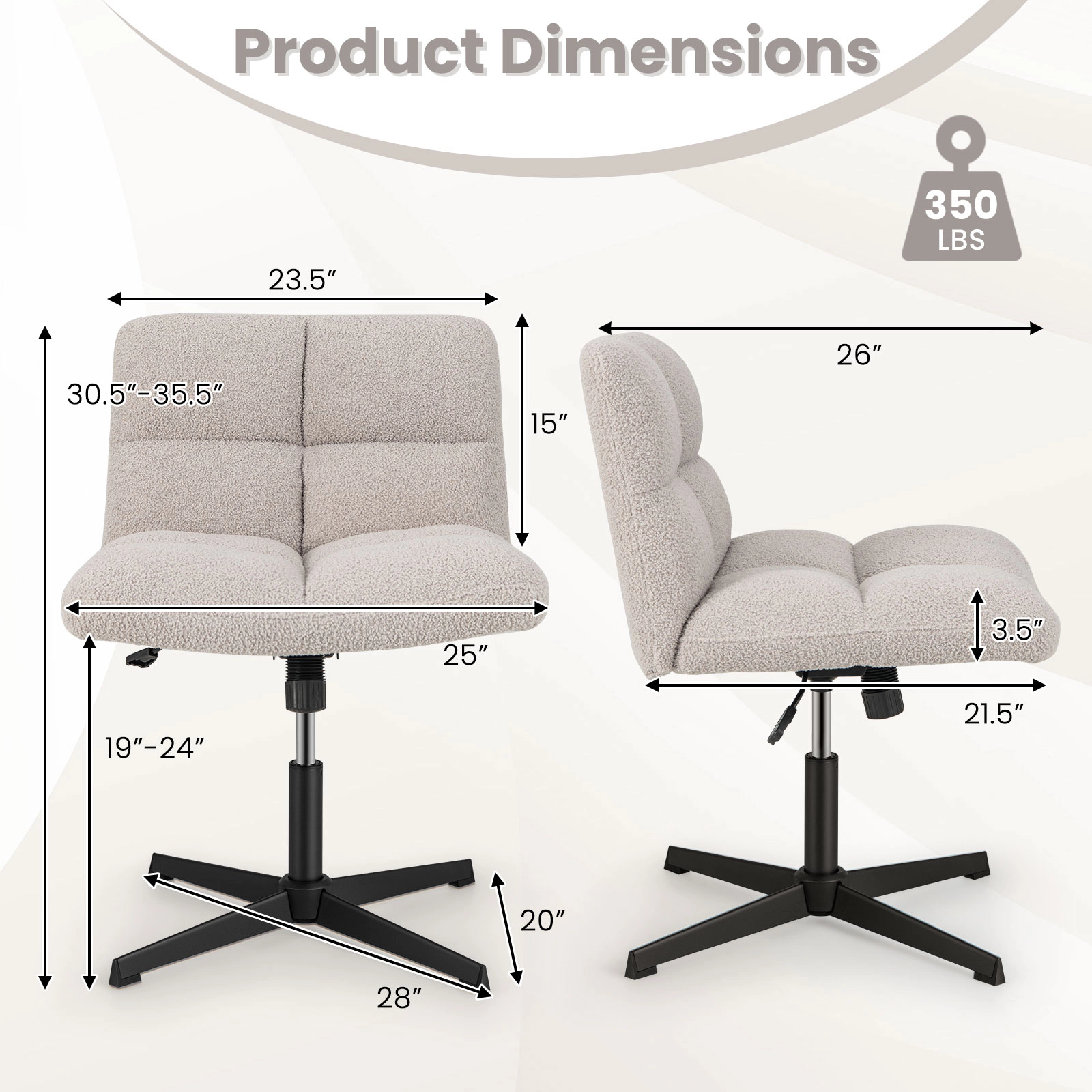 SUGIFT 25-in Wide Seat Lamb Fleece Armless Cross Legged Swivel Office Chair 26-in x 25-in x 30.5-in 350-lb Gray