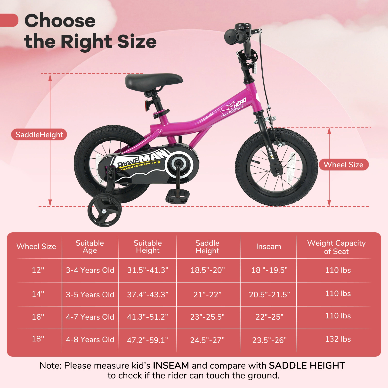 SUGIFT Adjustable Kids Bicycle 14-in Wheels Removable Training Wheels 110-lb Capacity Ages 3-5 Years Pink Brave Hero