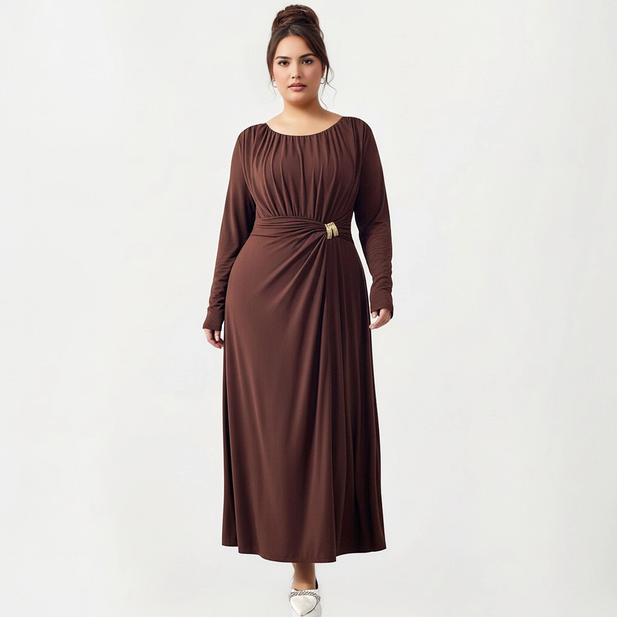 Anna-Kaci Women's Plus Long Sleeve Draped Gathered Waist Elegant Silhouette Maxi Dress