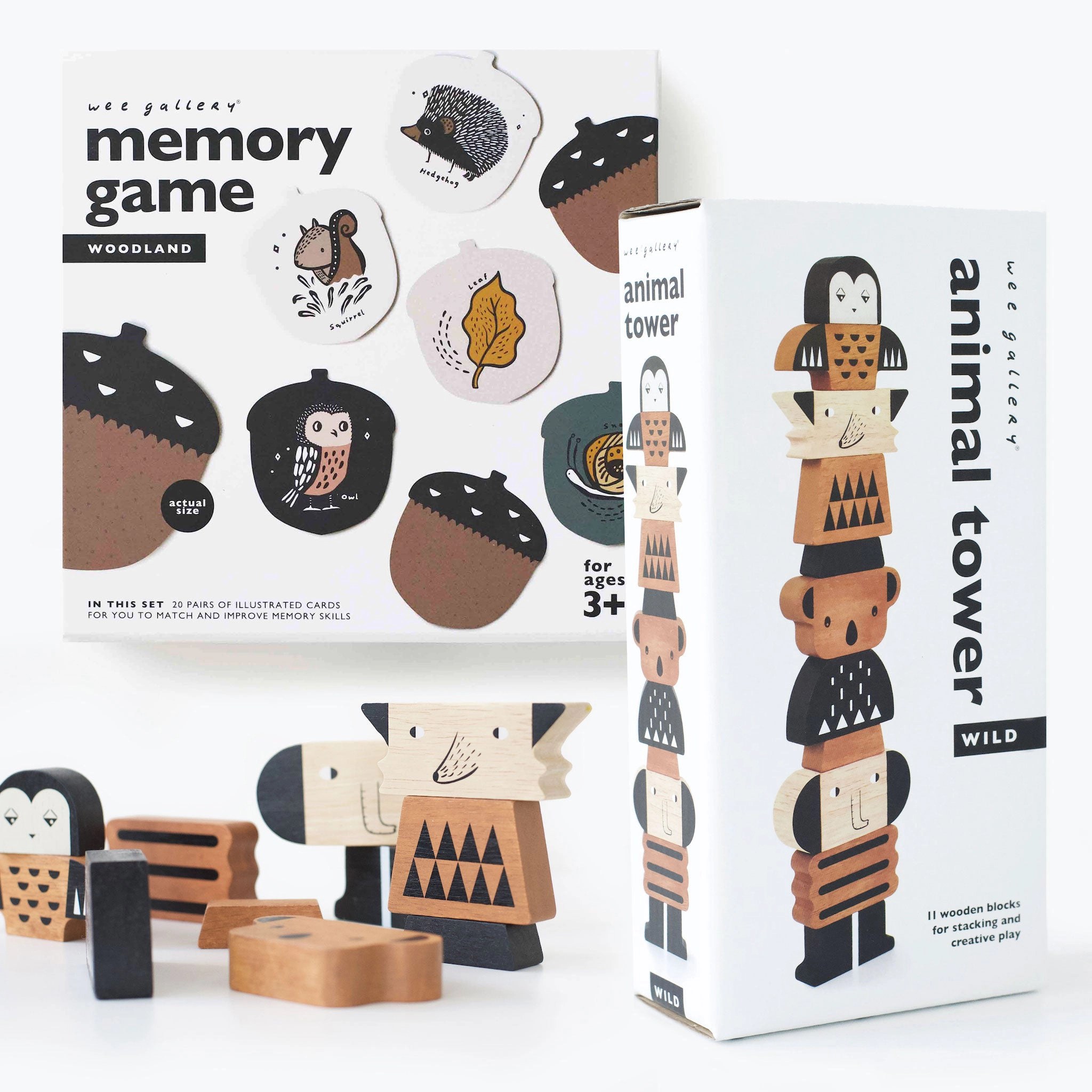 Wee Gallery Brain and Balance Bundle - Woodland Memory Game and 11-Piece Animal Tower Blocks