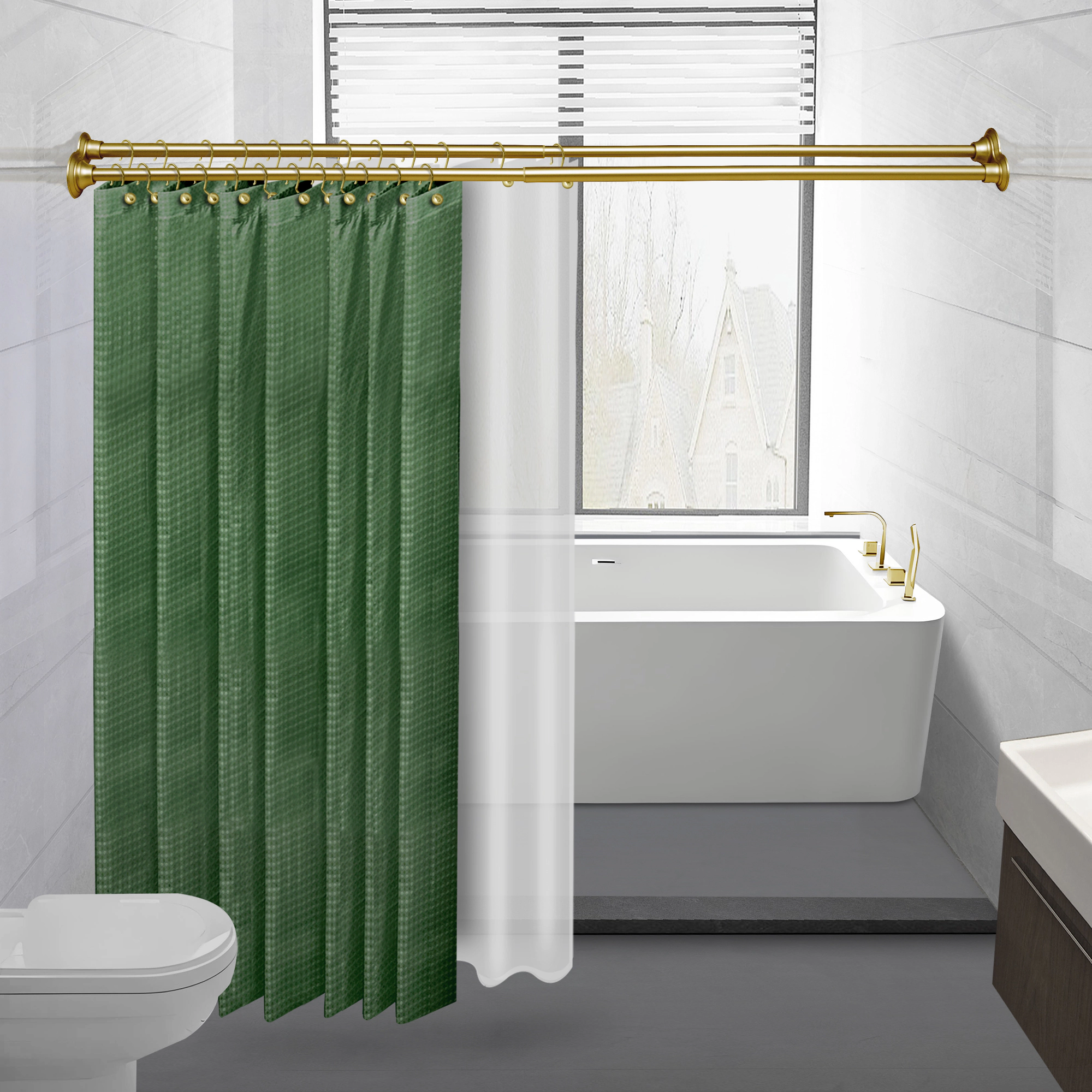 Utopia Alley 45-72 Inch Rustproof Double Tension No-Drill Shower Rod Set, with 24 Metal Hooks & 71"×71" Clear PEVA Liner