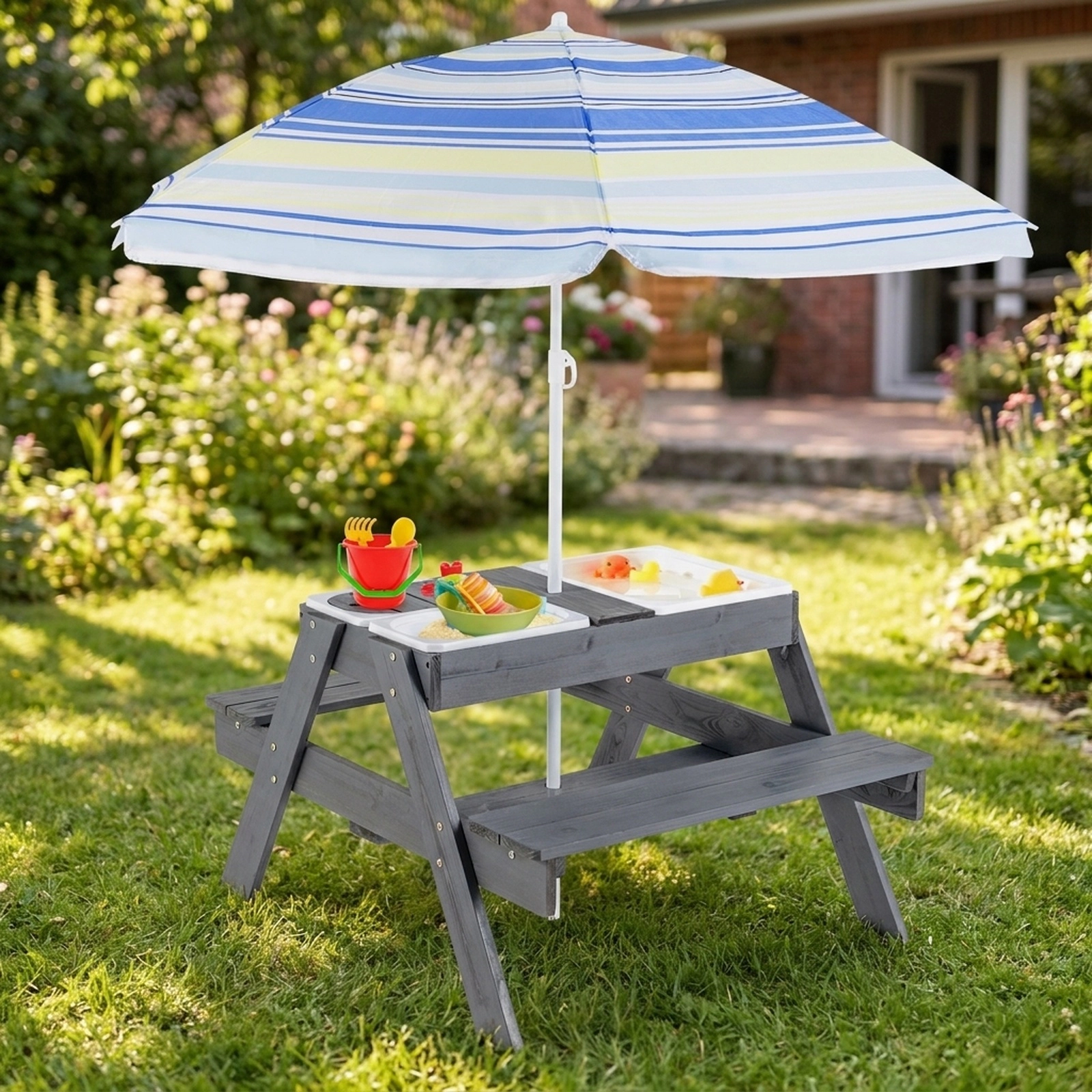 SUGIFT Kids Wooden Picnic Table with Benches, 3 Removable Bins and Adjustable 59-Inch Umbrella, Gray
