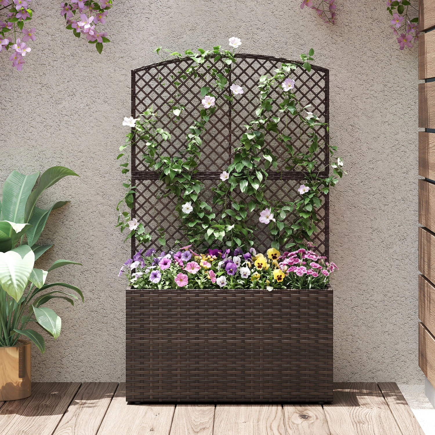 LJG 49 Inch Raised Garden Bed with Trellis and Wicker Planter Box
