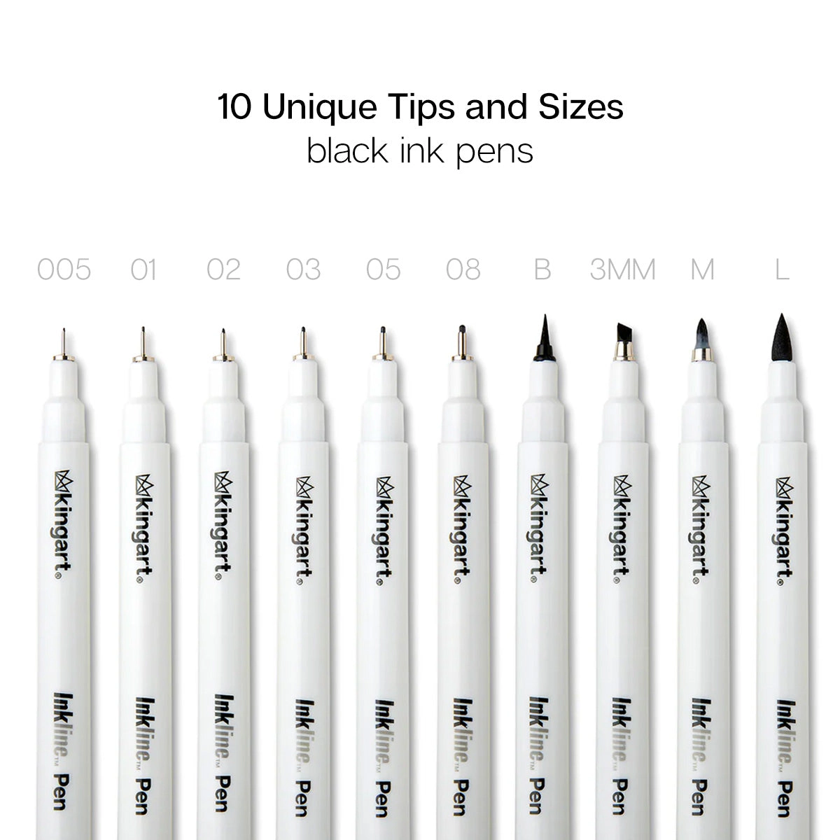 KINGART Inkline PRO 10 pc Fine Line Archival Black Ink Pens - Assorted Tips