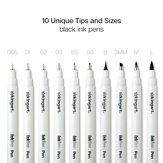 KINGART Inkline PRO 10 pc Fine Line Archival Black Ink Pens - Assorted Tips