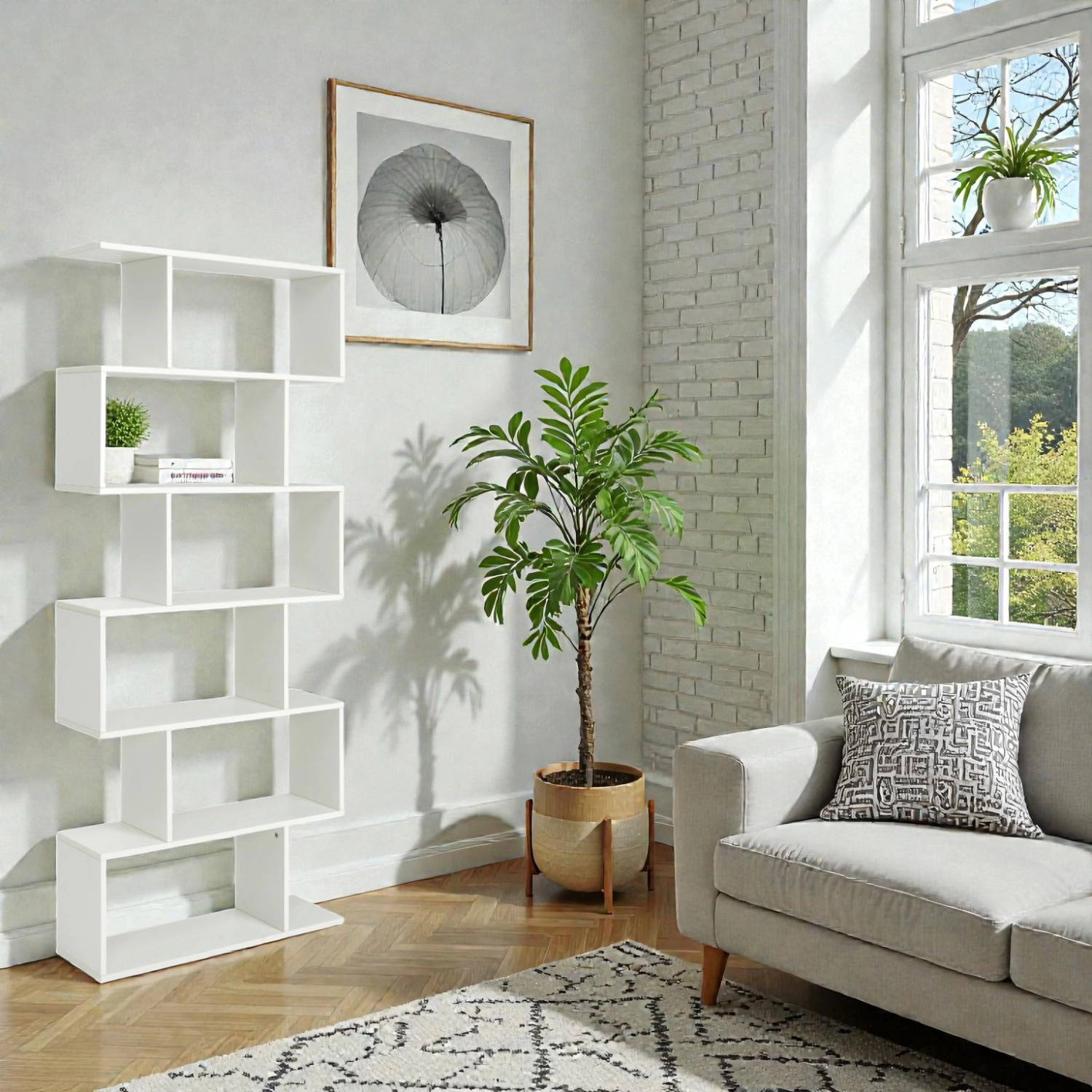 Hivvago Modern S-Shape Bookcase with 6 Spacious Display Shelves