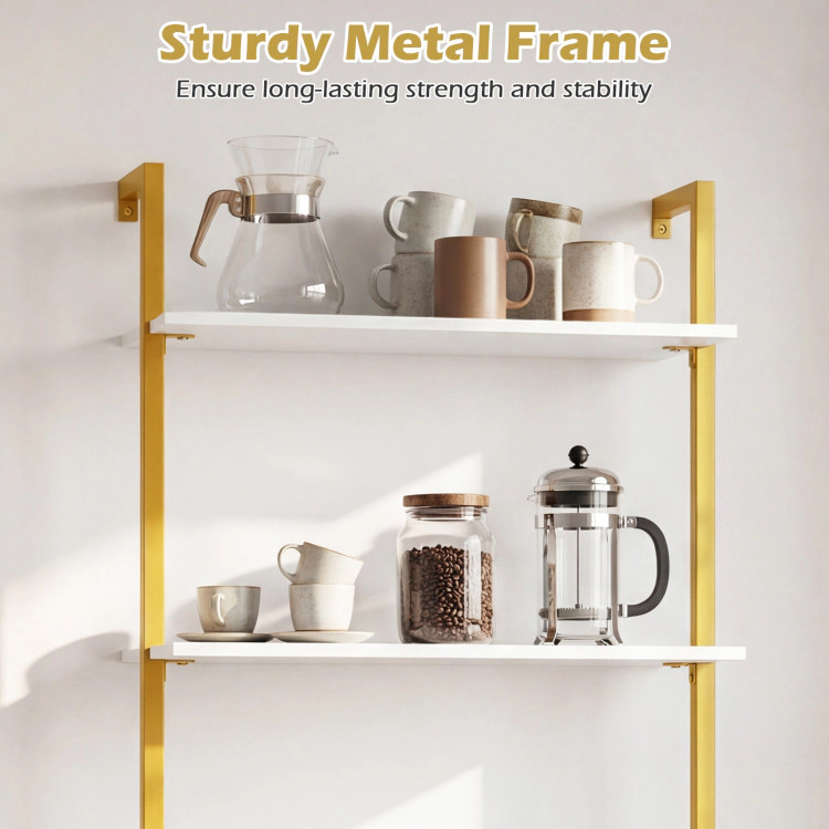 Hivvago 3-Tier Modern Wall Mounted Shelves Wooden Floating Shelving Unit Metal Ladder Bookshelf