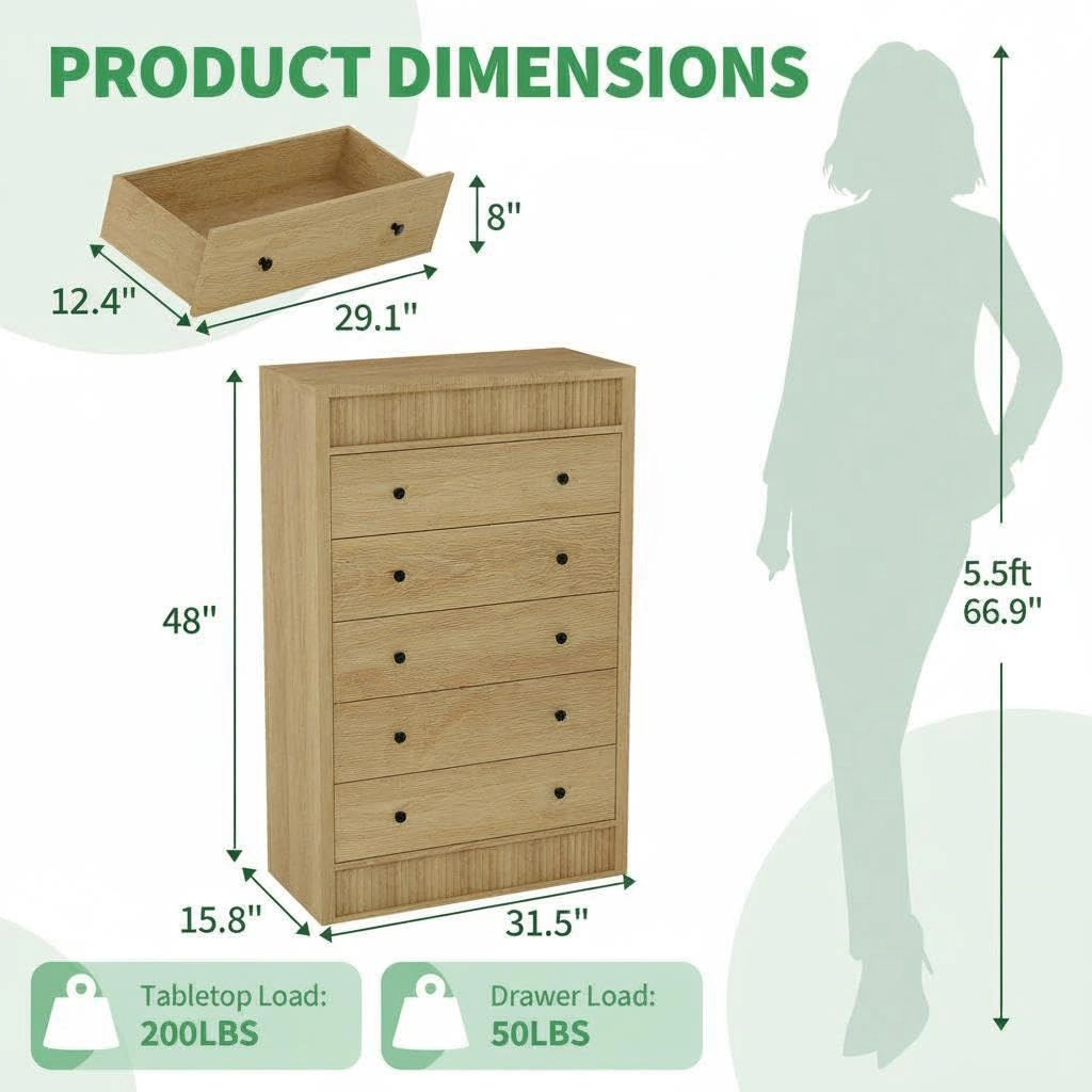 Fluted 5 Drawer Tall Wooden Dresser, 31.5" Wide Modern Storage Cabinet for Bedroom