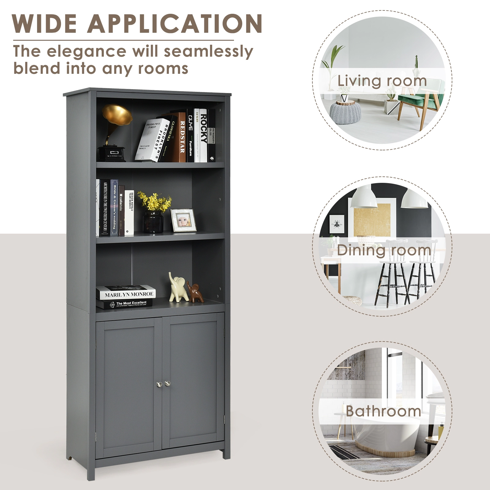 SUGIFT Gray 72 in Bookcase with 3 Open Shelves and Bottom Storage Cabinet