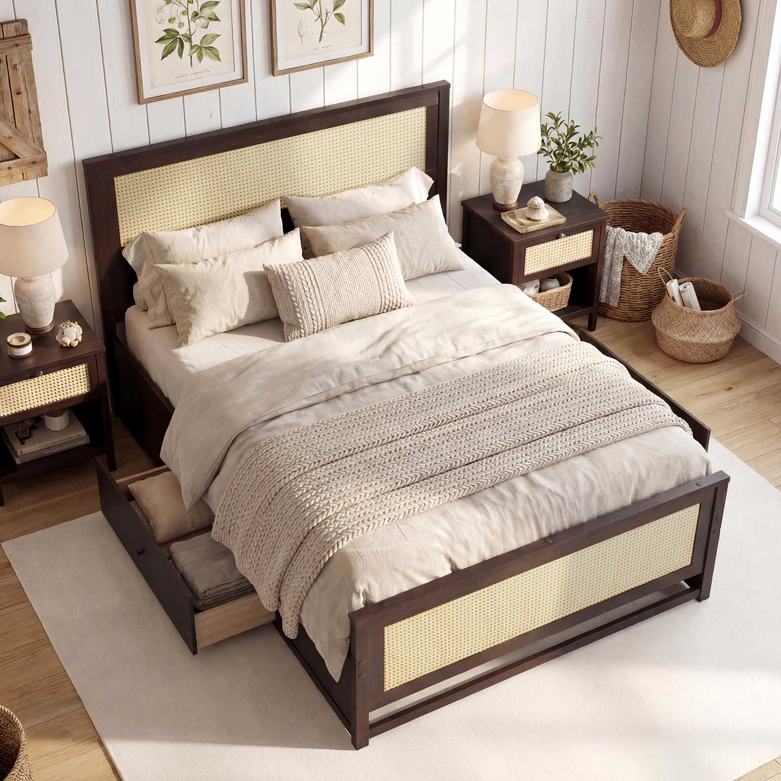 SUGIFT Full Rattan Platform Bed with Woven Boho Headboard and 2 Storage Drawers, Rustic Brown