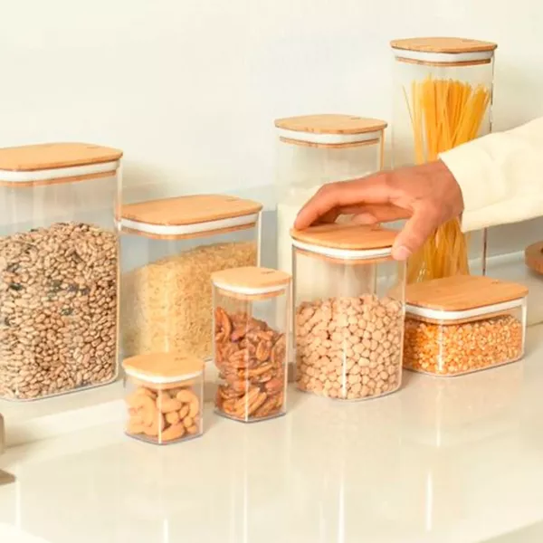 OU Airtight Food Storage Container 6.3cup, Clear Plastic w/ Leak Proof Bamboo Lid, Slim Kitchen Pantry Organizer