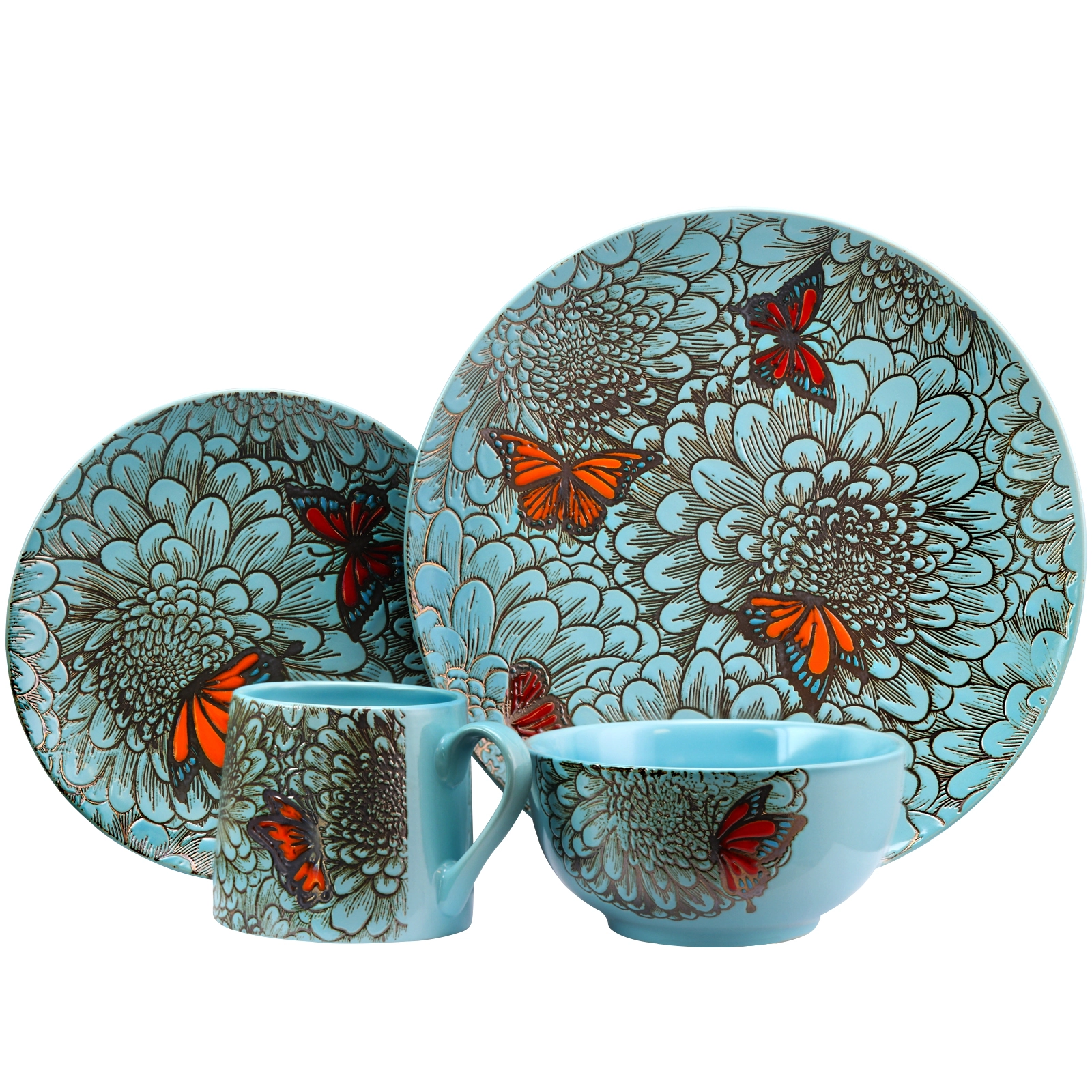Elama Butterfly Garden 16 Piece Stoneware Dinnerware Set