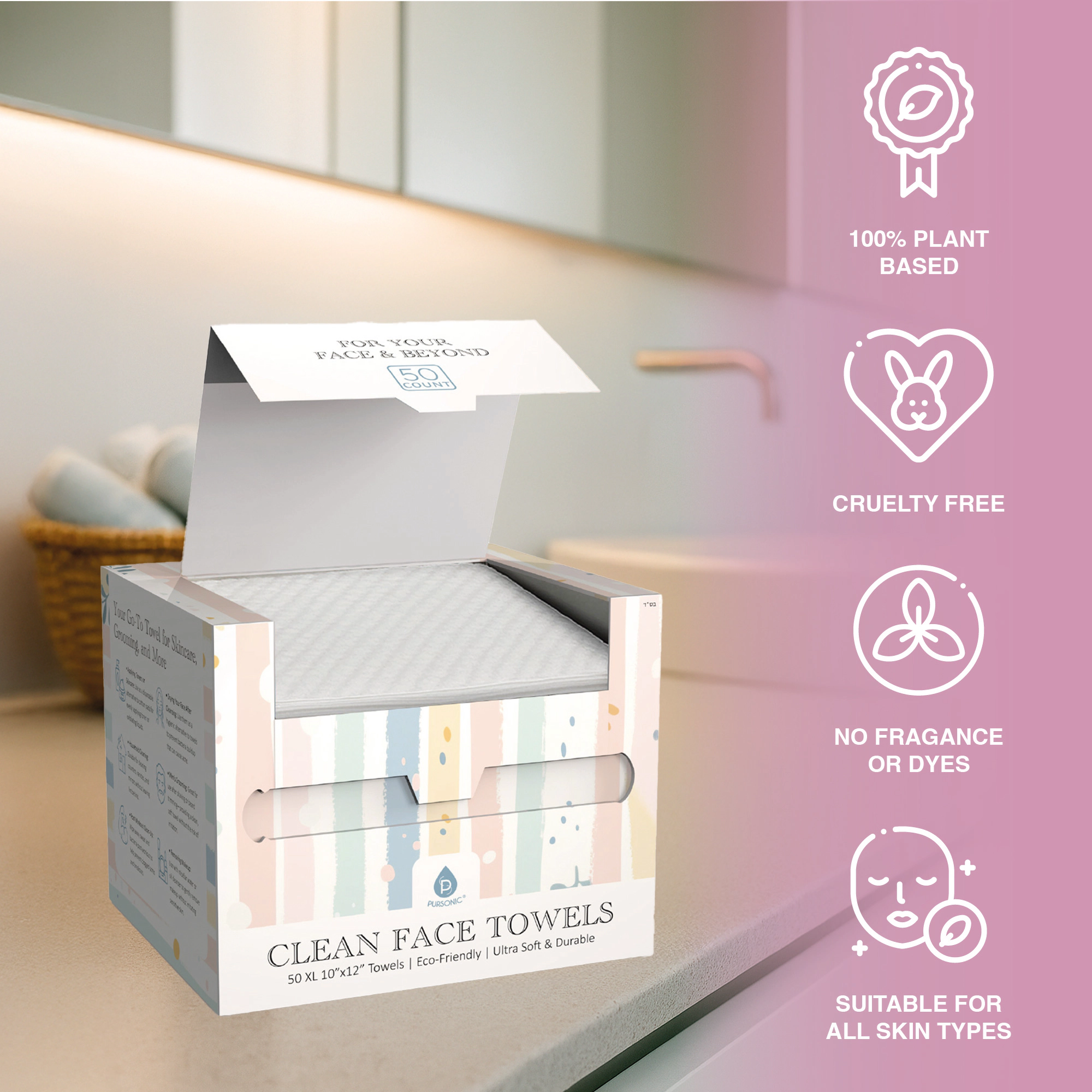 Pursonic Unisex Eco-Friendly Plant-Based Extra Large Disposable Facial Cleansing Towels Bundle Pack