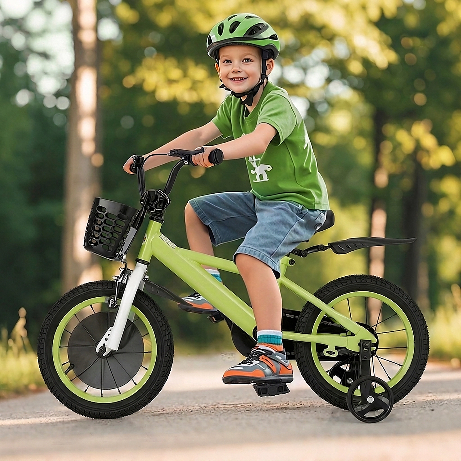 SUGIFT Kids Bike Green Adjustable with Dual Brakes Storage Basket and Training Wheels
