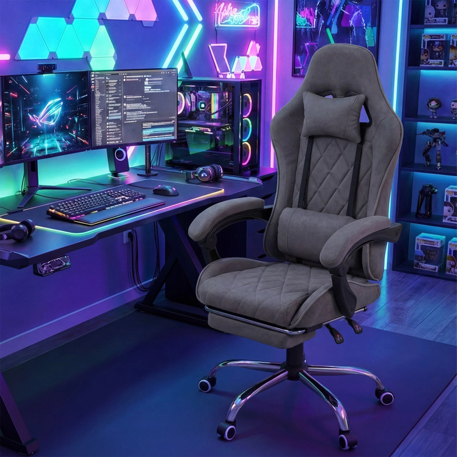 SUGIFT Grey Ergonomic Gaming Chair, 33-in High Back, Footrest