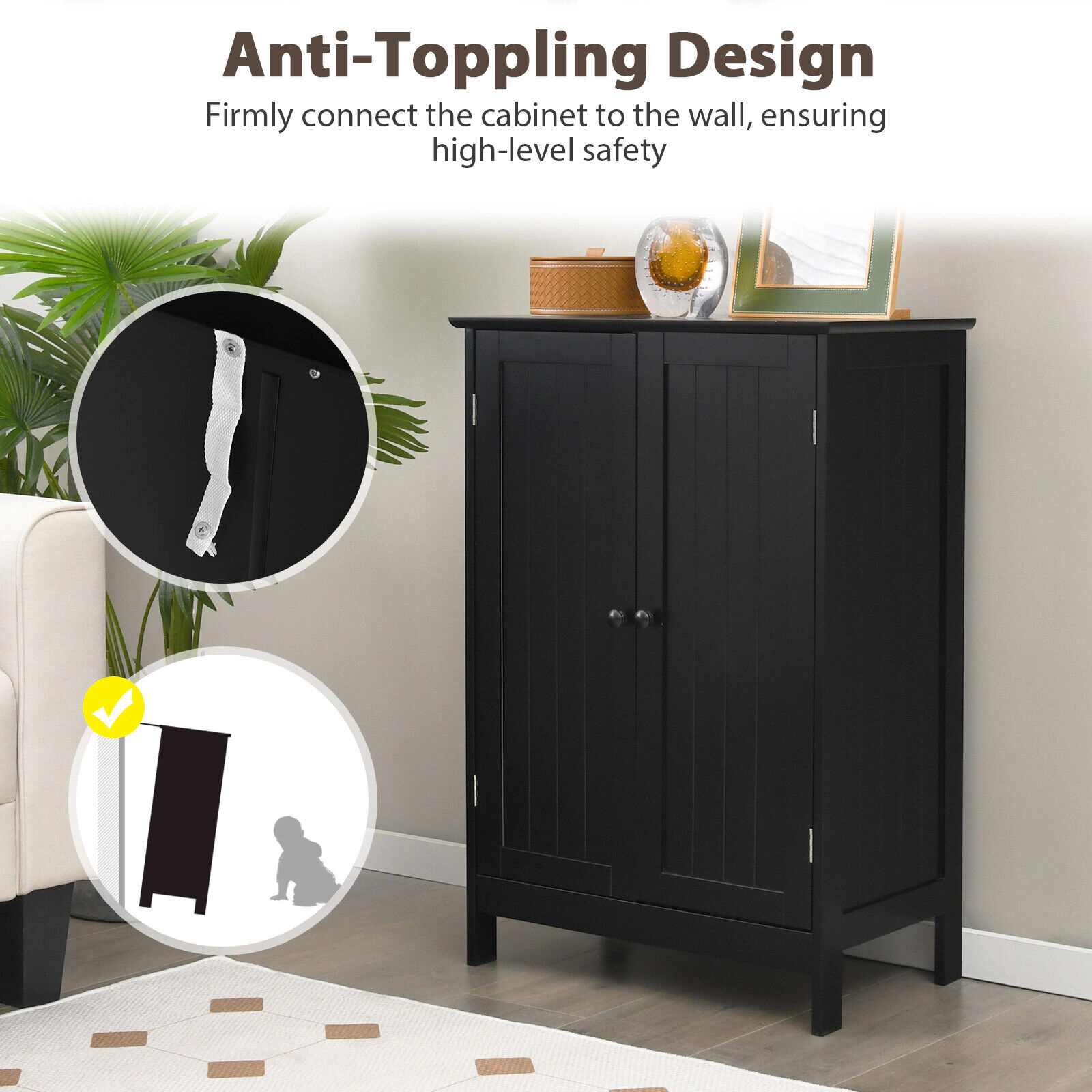 Glintex 2-Door Freestanding Bathroom Cabinet with Raised Base and Magnetic Catches