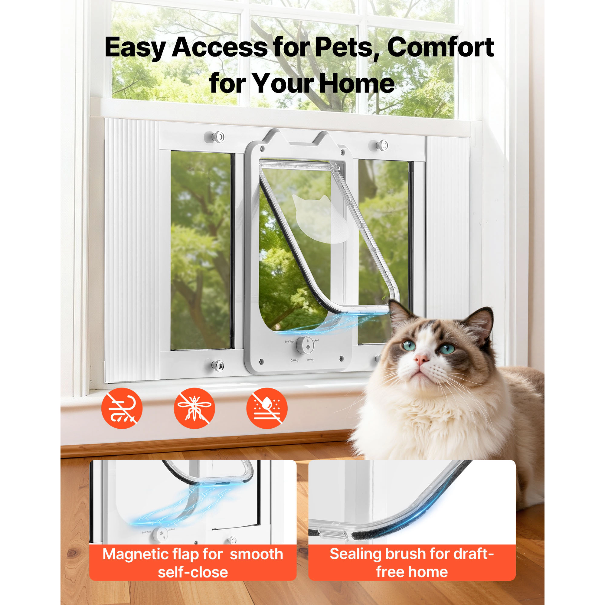 HONGGE Cat Door for Window, Adjustable 27-32 in Width, 4-Way Lock Aluminum Frame with Magnetic Closure, White