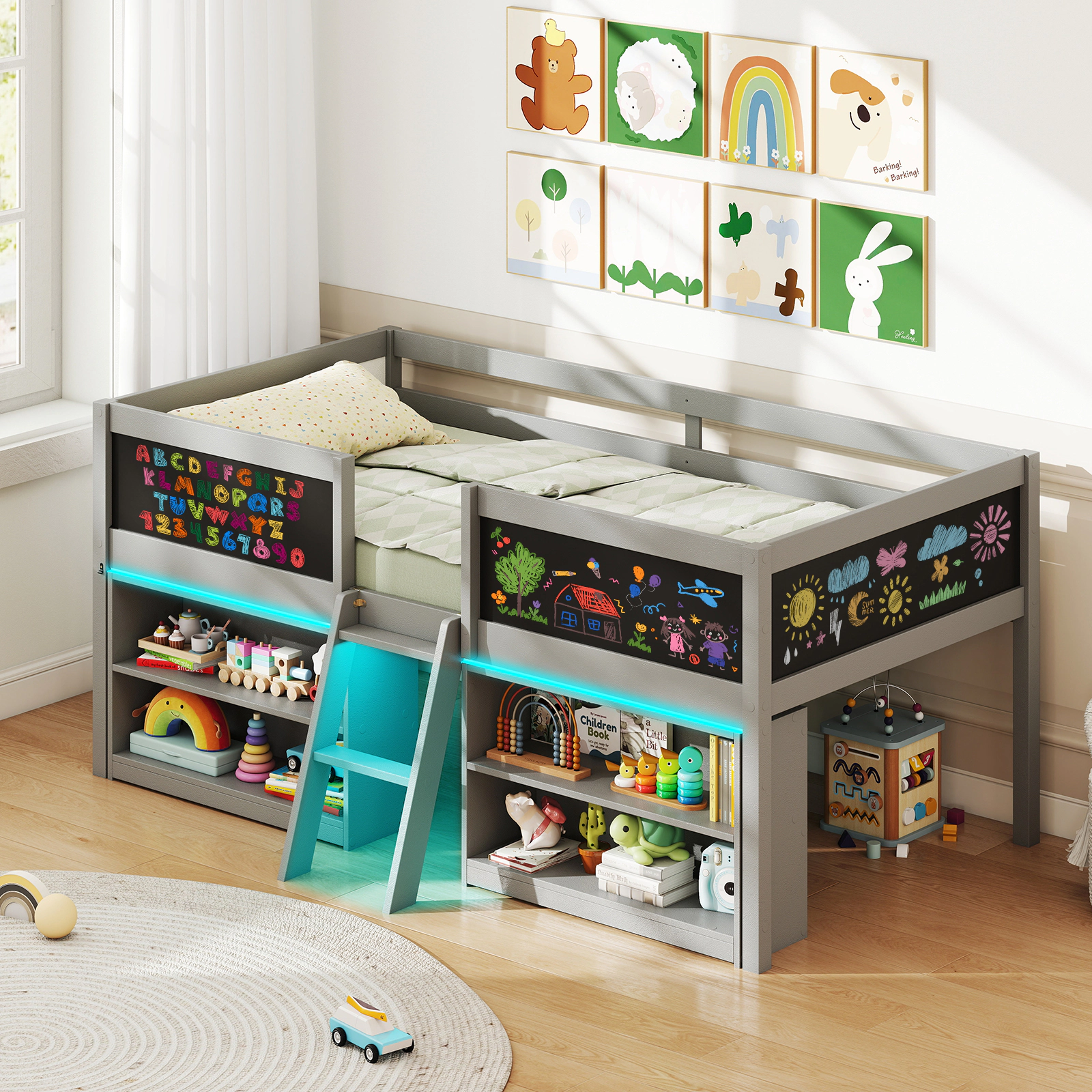 Costway Low Loft Bed Twin Wooden Frame Kid's Cabin w/ Bookcases White