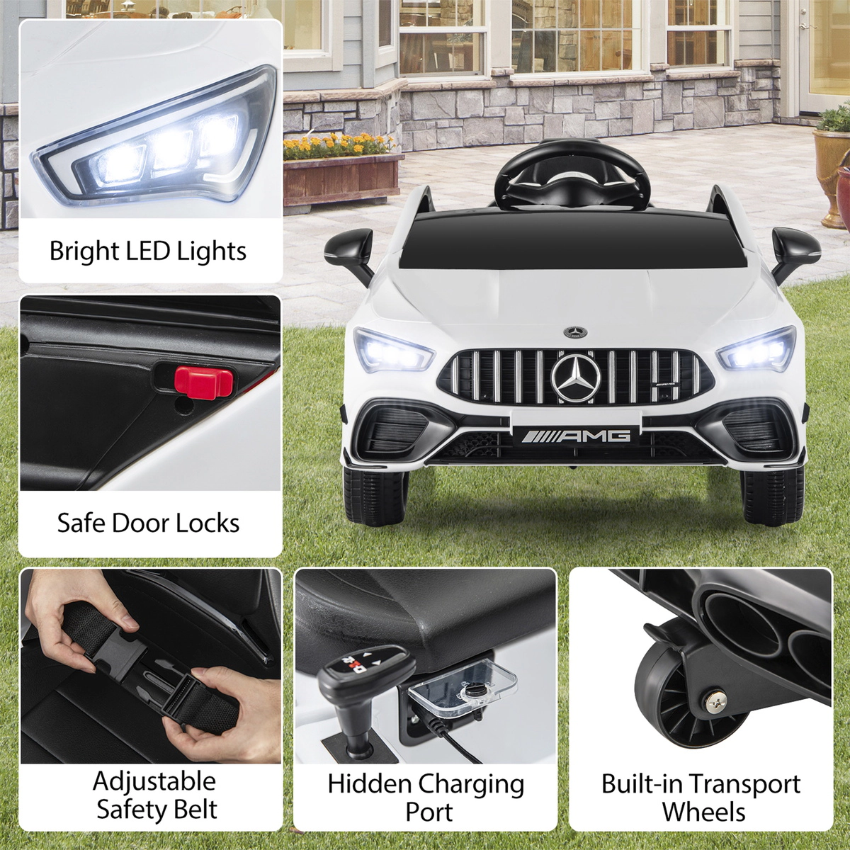 SUGIFT Kids White 12V Ride On Sports Car with Remote Control and LED Lights 43.3-in W 17.7-in H 66-lb Seat Capacity