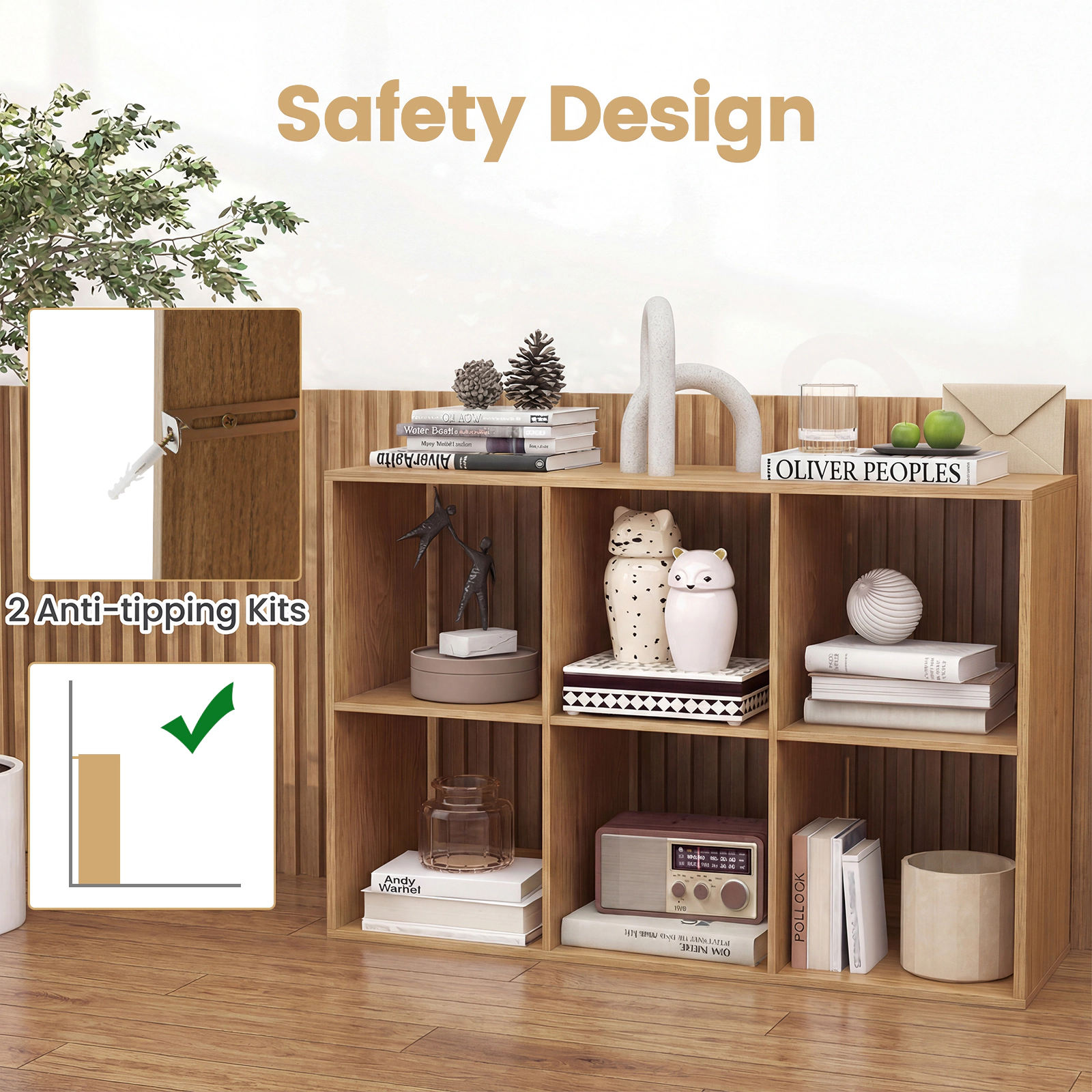 SUGIFT 6-Cube Bookshelf with Back Guardrail 154-lb Tabletop Capacity 44-lb Cube Capacity Natural