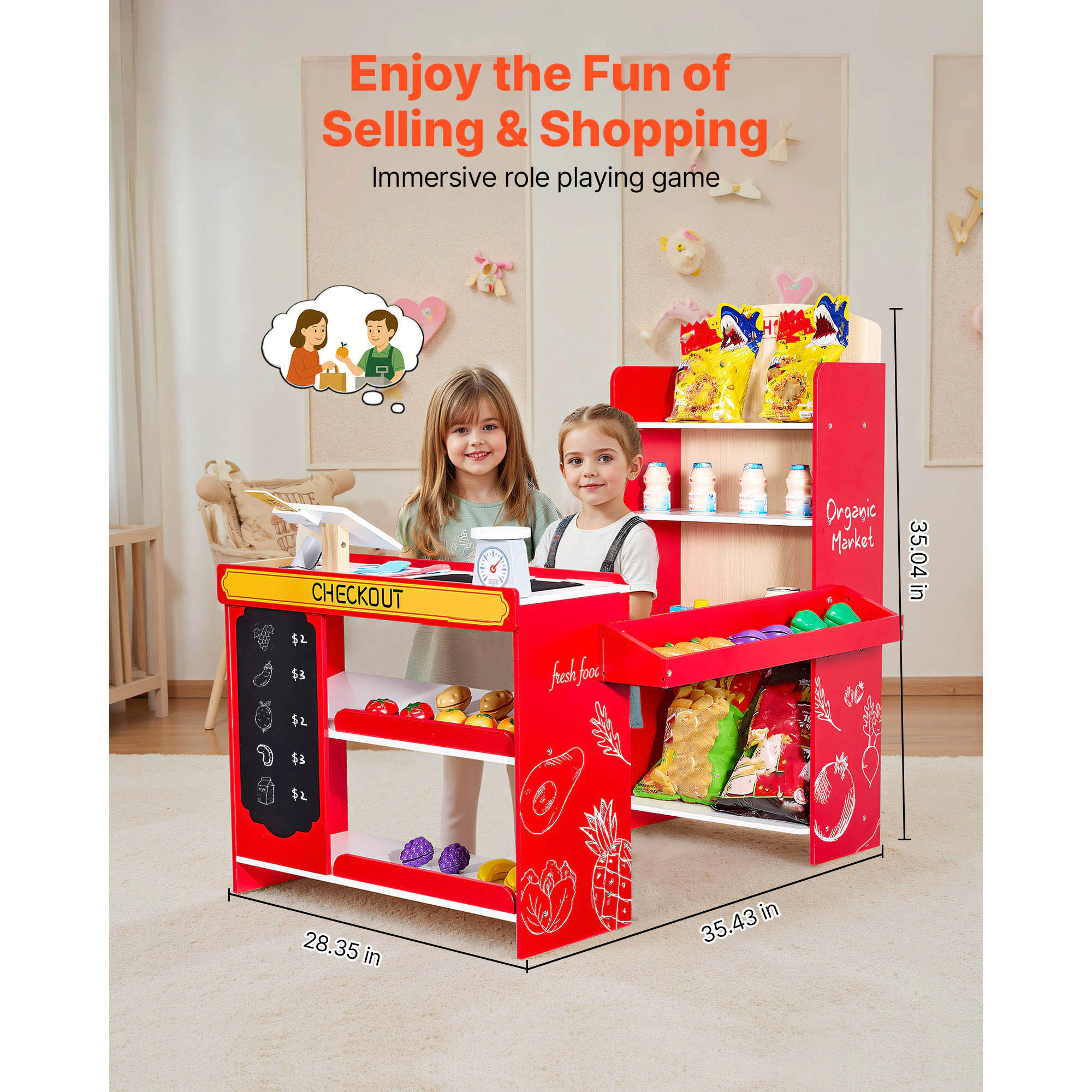 HONGGE Wooden Grocery Store Playset with Cash Register Kids Pretend Play Gift for Boys & Girls