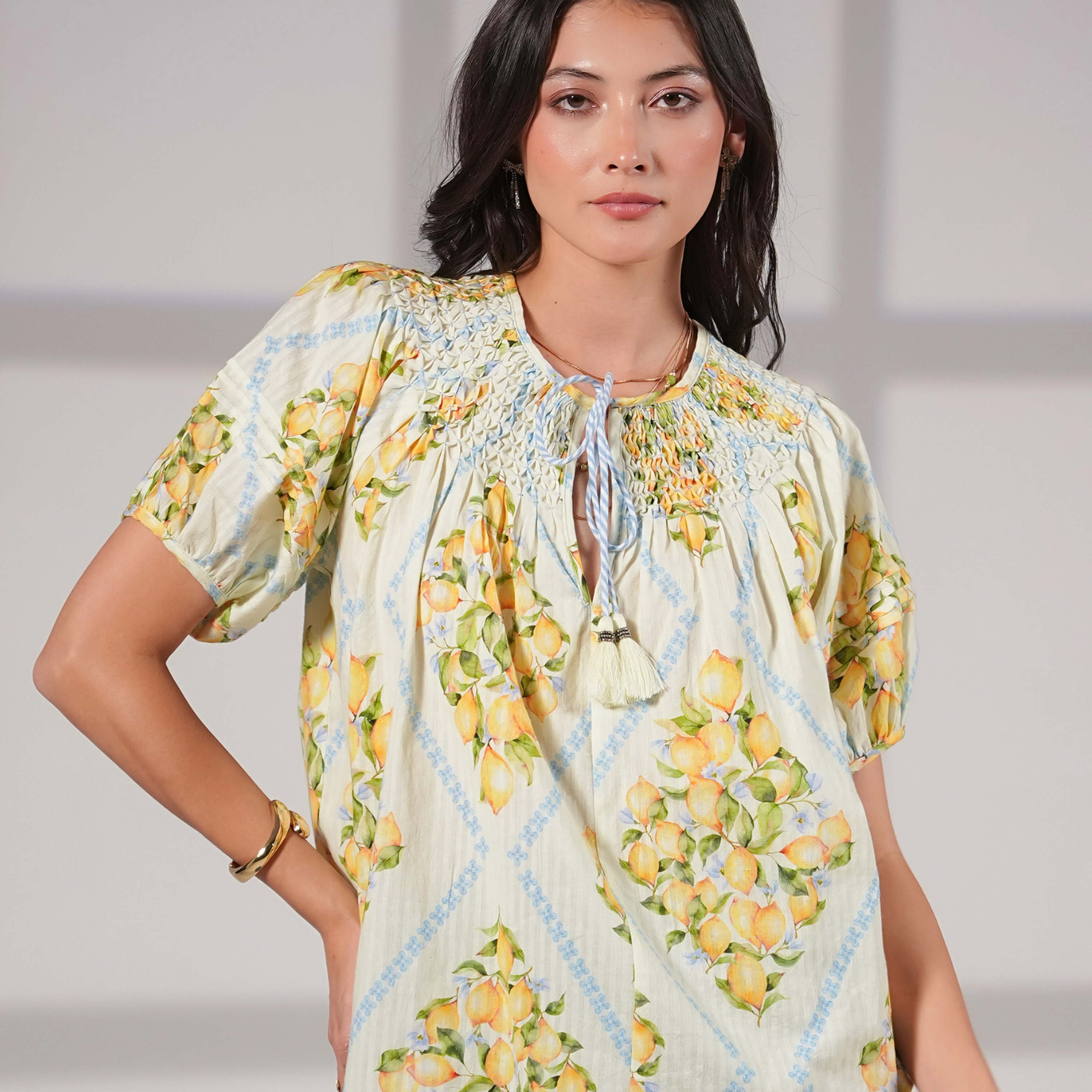 Rose & Nancy Women's Kirsten Lemon Print Smock Detail Cotton Blouse