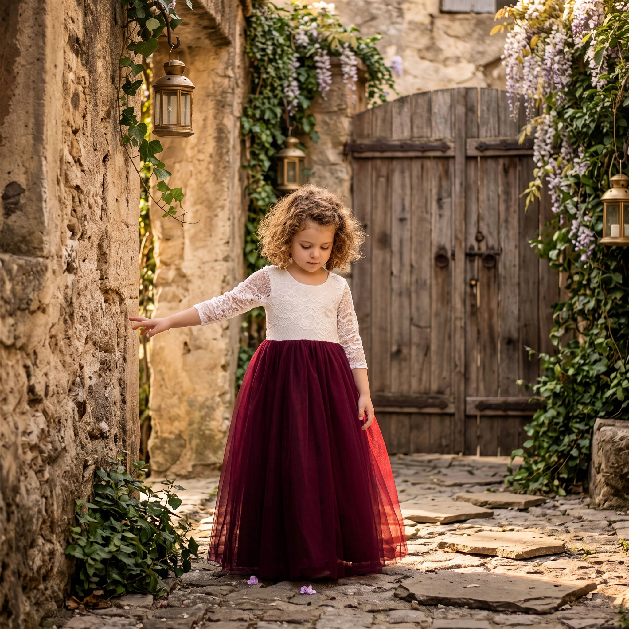 2Bunnies Girls' Rose Lace Long Sleeve Tulle Maxi Boho Flower Girl Dress