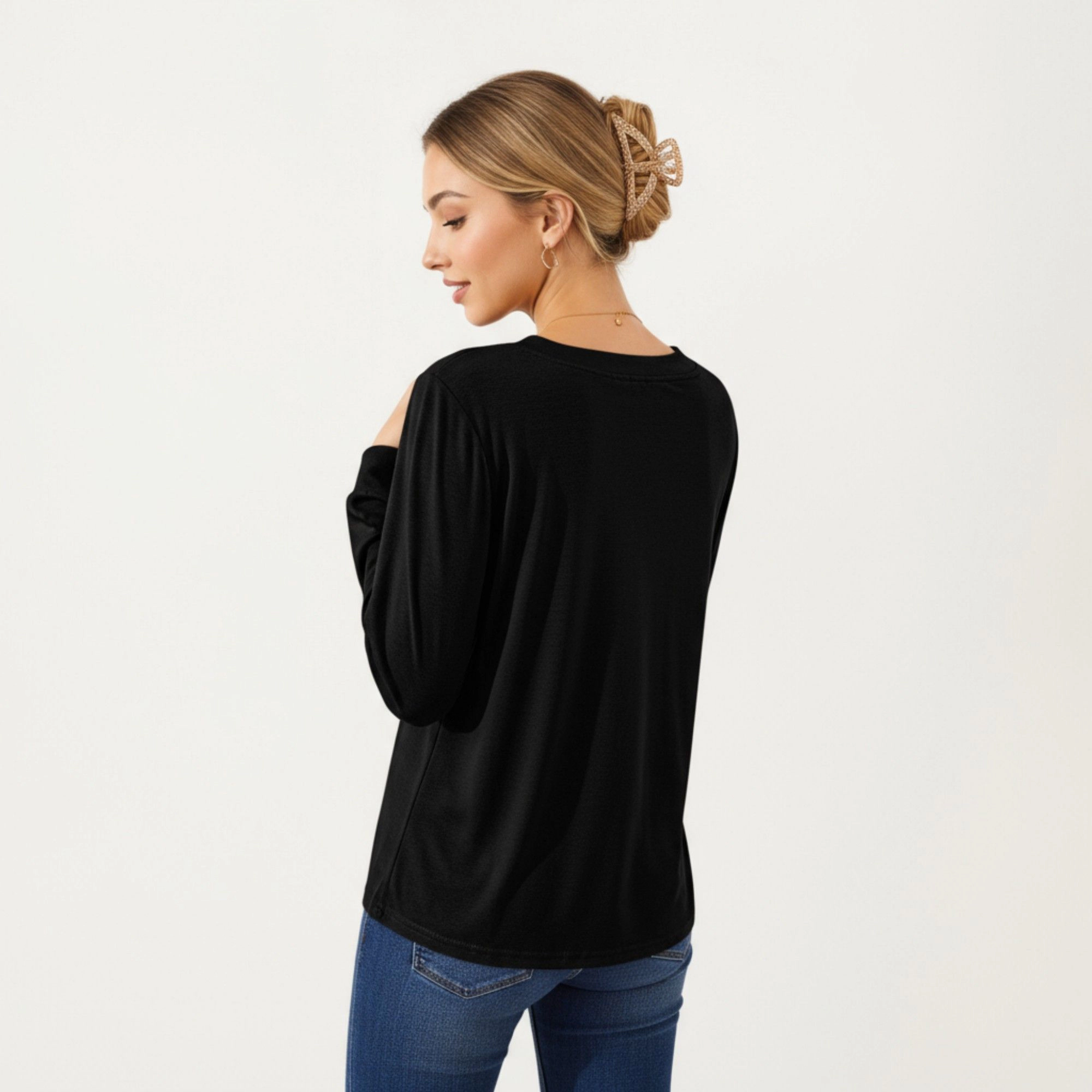 Anna-Kaci Women's Square Neck Front Pleat Relaxed Fit Long Sleeve Top