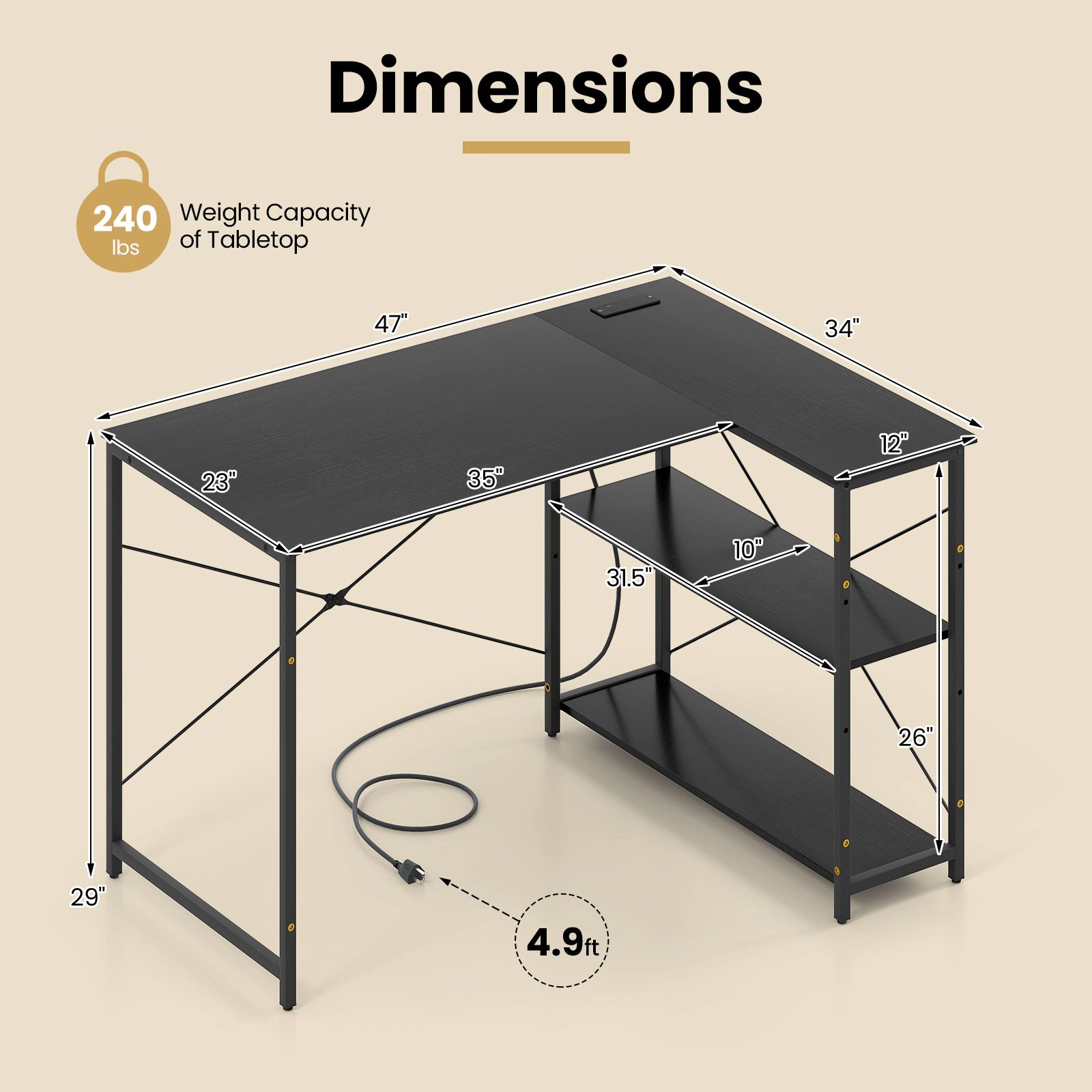 SlickBlue L Shaped Computer Desk with Power Outlet Storage Shelves