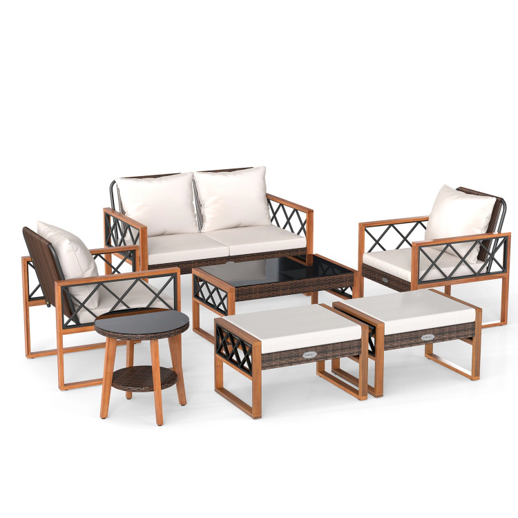 Hivvago 7 Pieces Patio Furniture Set Pe Wicker Acacia Wood Outdoor Conversation Set