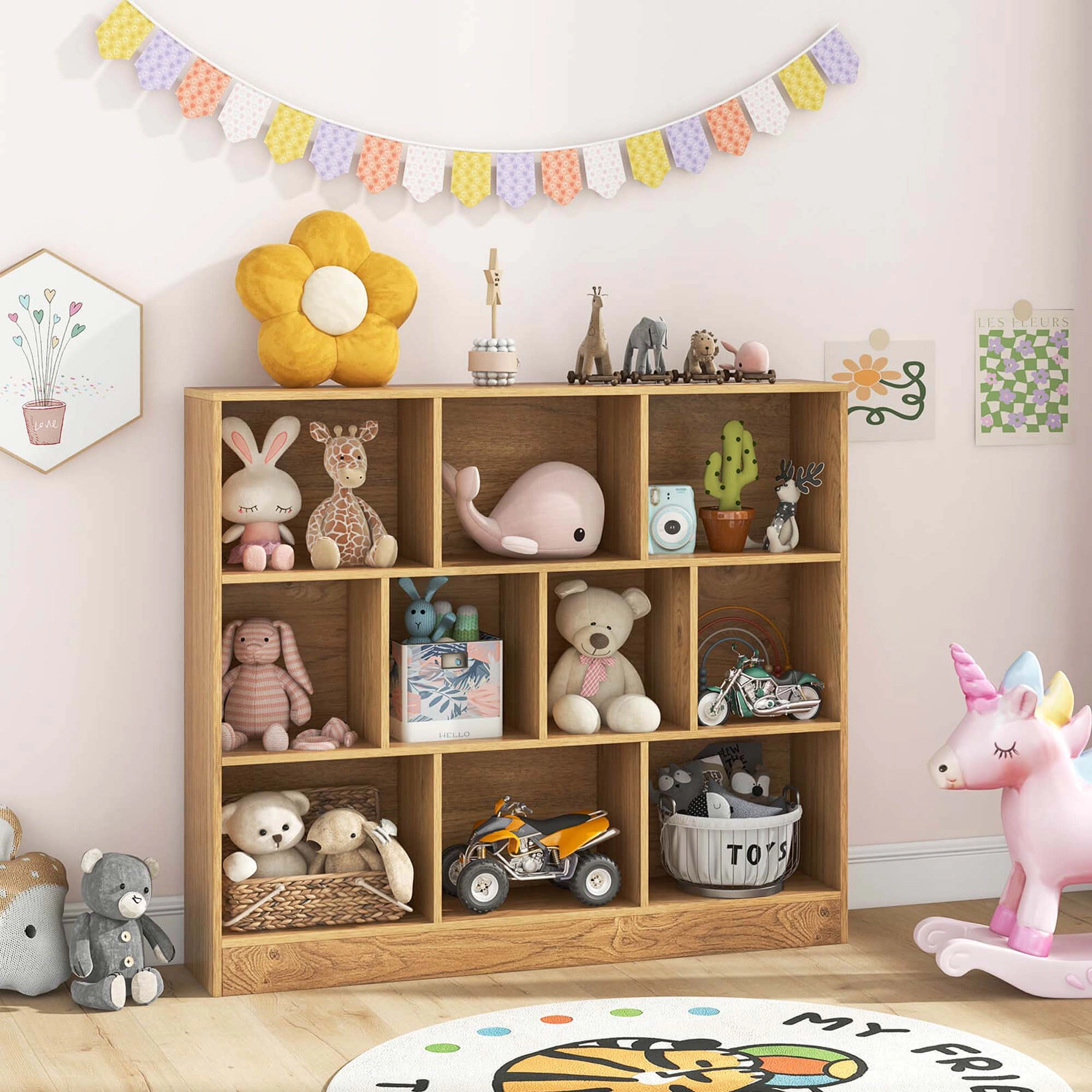Costway 10-Cube Bookcase for Kids 41"Wooden Toy Storage Organizer Kid’s Room Natural