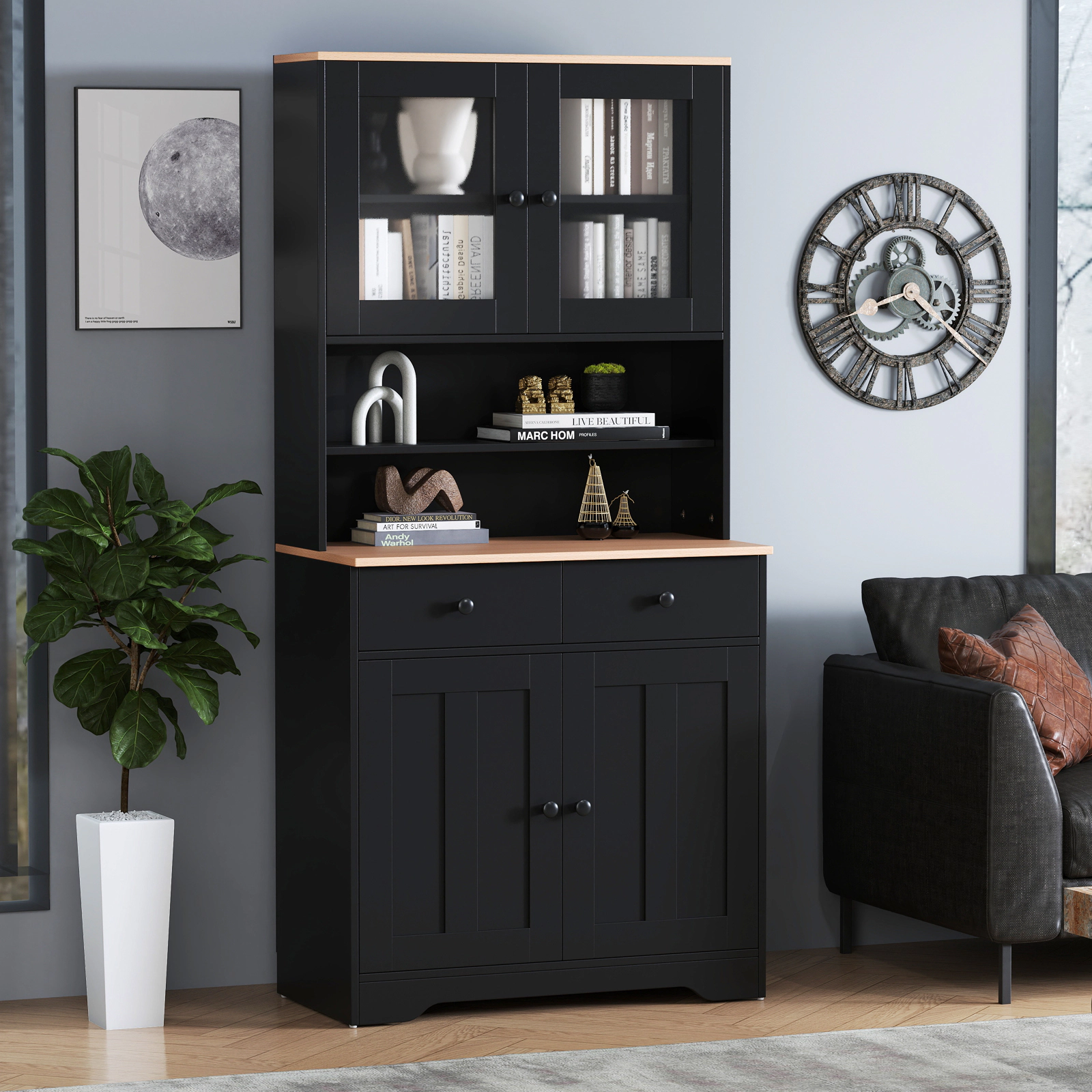 SUGIFT Pantry Storage Cabinet with 2 Shelves and Glass Doors 67-in Tall Sideboard with Drawers and Countertop Black