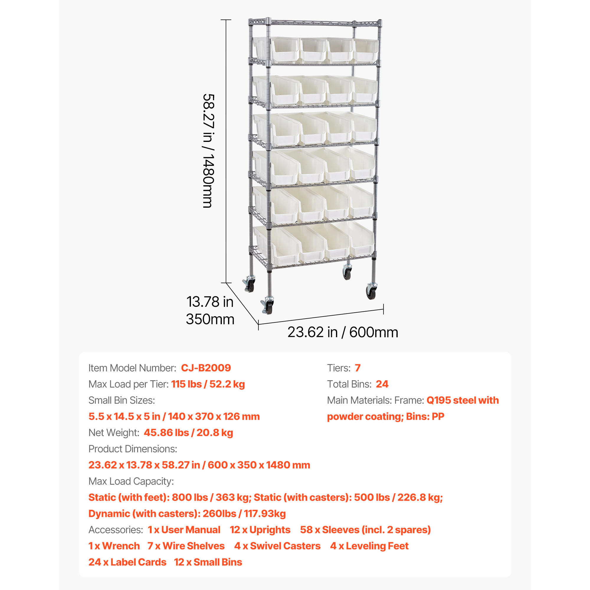 HONGGE Double-Sided Rolling Bin Storage Rack Plastic Bins Dual-Sided Parts Organizer with Wheels Mobile Tool Organizer