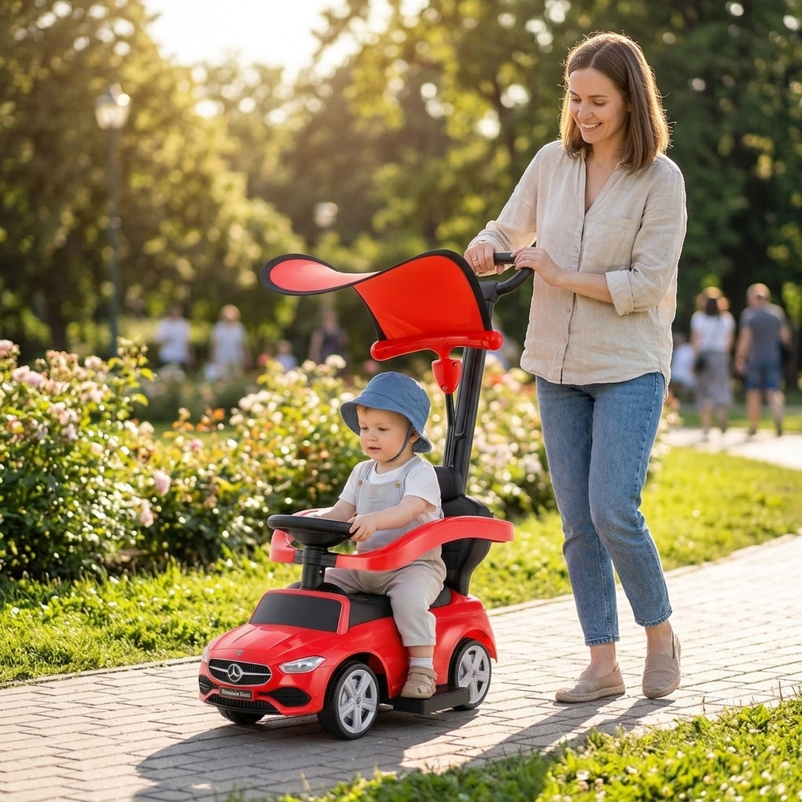 3-in-1 Toddler Push Car with Handle Canopy Guardrail and Under-Seat Storage for 18-36 Months Sliding Ride On Car