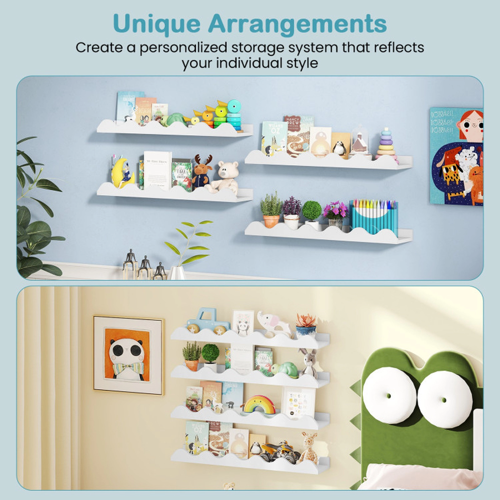 SUGIFT 24-in Wall-Mounted Kids Picture Ledge Bookshelf Set of 4 16.5-lb Capacity Fir Wood Natural White