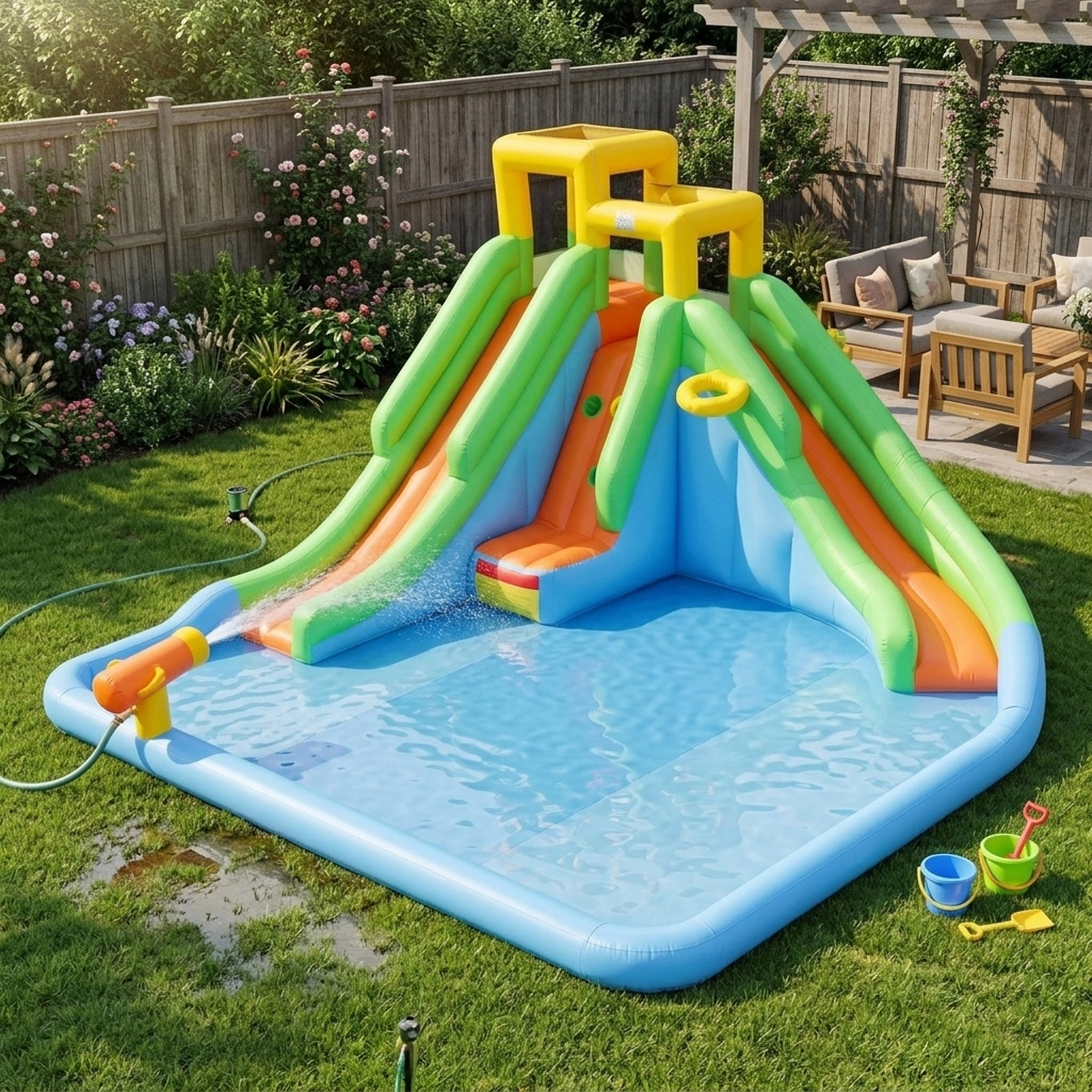 Inflatable Water Slide for Kids Backyard with Double Slides Splash Pool Water Cannon Climbing Wall